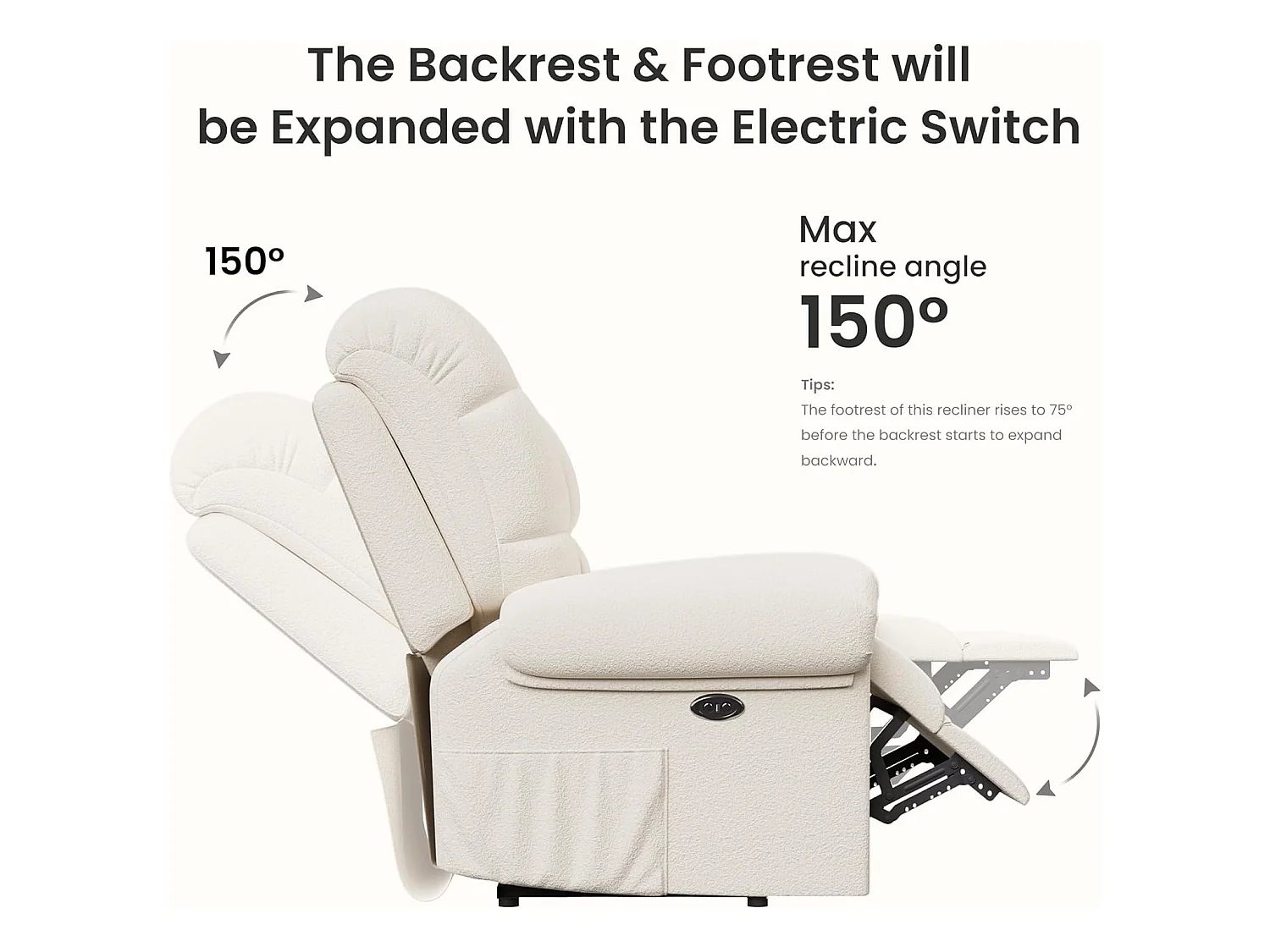 Elektrische relaxfauteuil met voetsteun, teddyfluwelen loungestoel, verstelbare vrijetijdsfauteuil, USB, antistatisch, comfort, 96x97x104cm beige