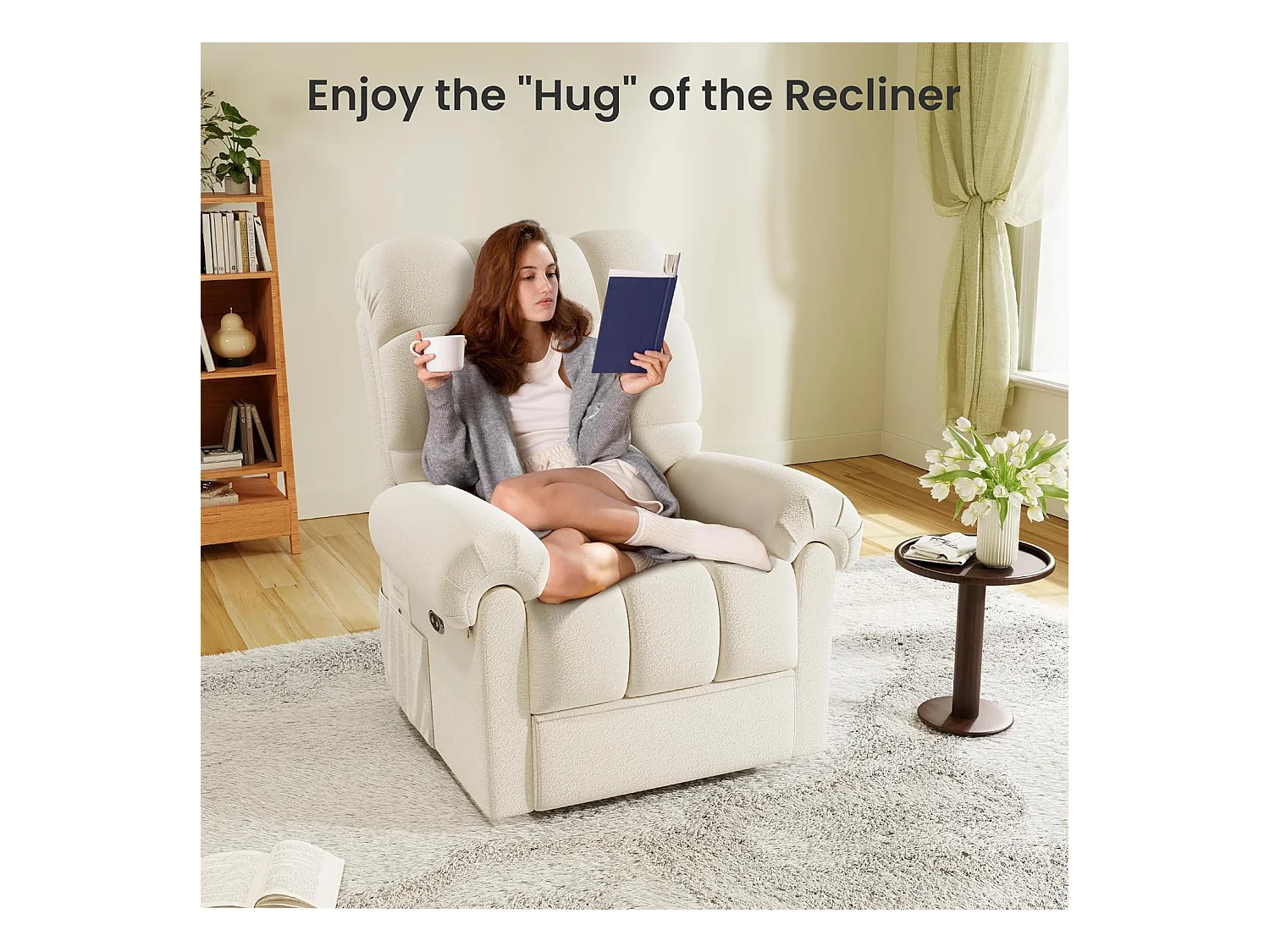 Elektrische relaxfauteuil met voetsteun, teddyfluwelen loungestoel, verstelbare vrijetijdsfauteuil, USB, antistatisch, comfort, 96x97x104cm beige