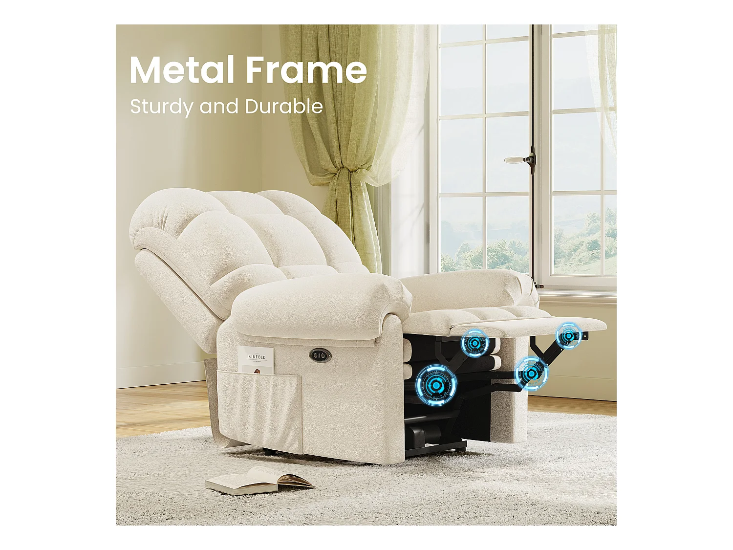 Elektrische relaxfauteuil met voetsteun, teddyfluwelen loungestoel, verstelbare vrijetijdsfauteuil, USB, antistatisch, comfort, 96x97x104cm beige