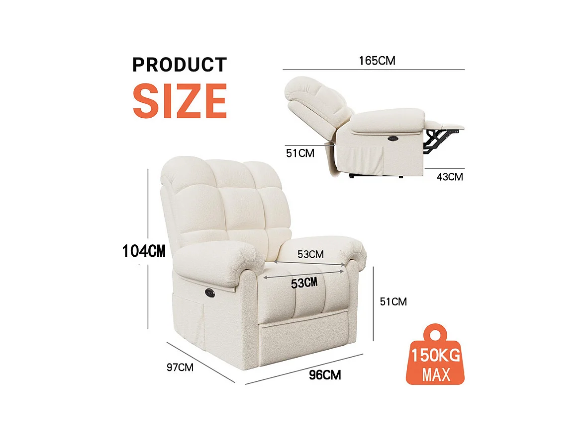 Elektrische relaxfauteuil met voetsteun, teddyfluwelen loungestoel, verstelbare vrijetijdsfauteuil, USB, antistatisch, comfort, 96x97x104cm beige