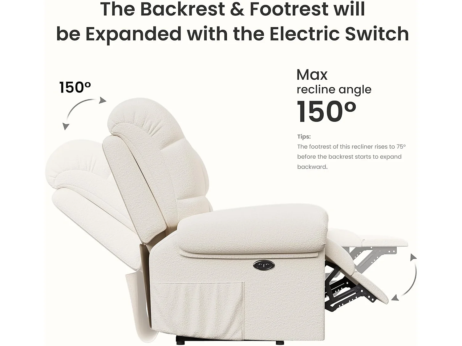 Fauteuil Relax électrique avec Repose-Pieds,Chaise salon en Velours Teddy,Fauteuil à loisirs Réglable,USB,Anti-statique,Confort,96x97x104cm Beige