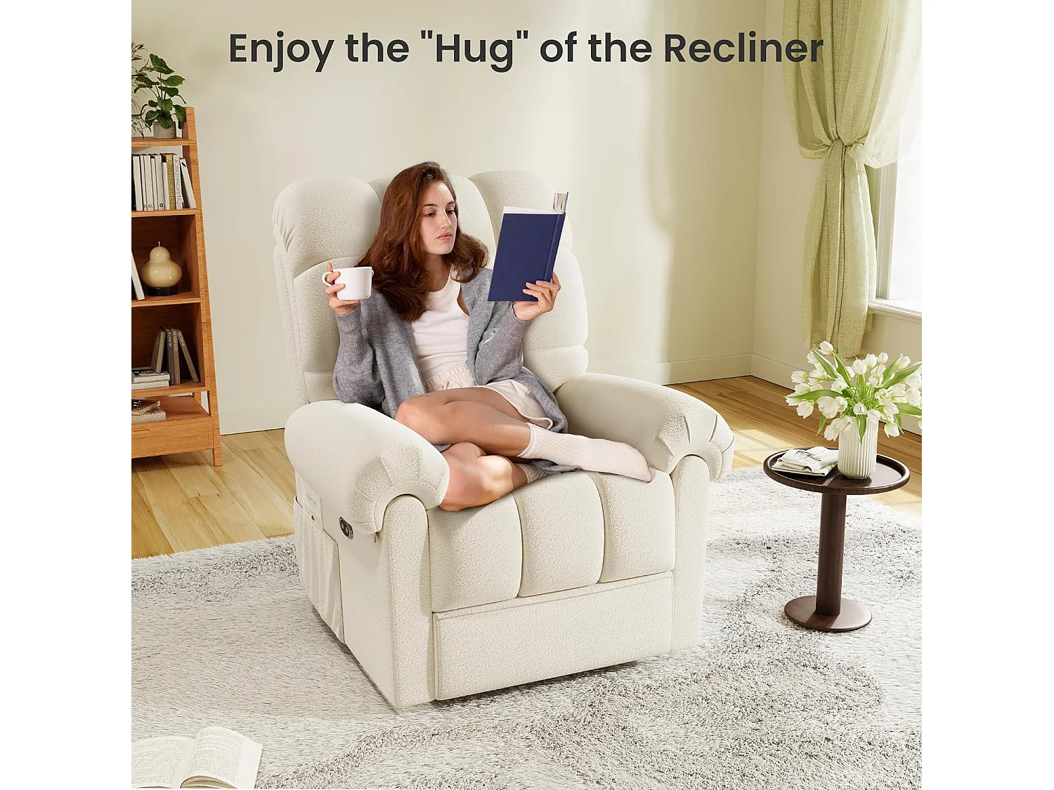 Fauteuil Relax électrique avec Repose-Pieds,Chaise salon en Velours Teddy,Fauteuil à loisirs Réglable,USB,Anti-statique,Confort,96x97x104cm Beige