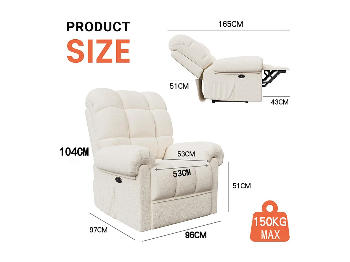 Fauteuil Relax électrique avec Repose-Pieds,Chaise salon en Velours Teddy,Fauteuil à loisirs Réglable,USB,Anti-statique,Confort,96x97x104cm Beige