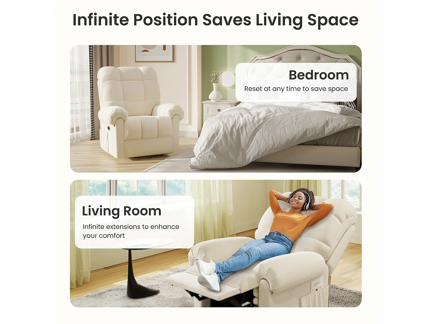 Fauteuil Relax électrique avec Repose-Pieds,Chaise salon en Velours Teddy,Fauteuil à loisirs Réglable,USB,Anti-statique,Confort,96x97x104cm Beige