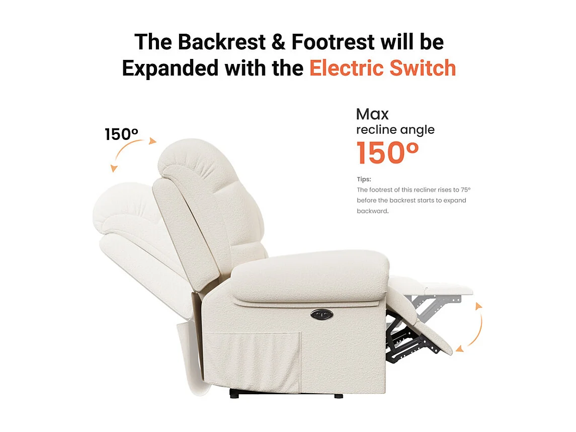 Fauteuil Relax électrique avec Repose-Pieds,Chaise salon en Velours Teddy,Fauteuil à loisirs Réglable,USB,Anti-statique,Confort,96x97x104cm Beige
