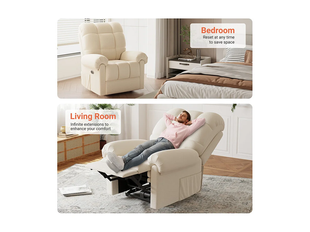 Fauteuil Relax électrique avec Repose-Pieds,Chaise salon en Velours Teddy,Fauteuil à loisirs Réglable,USB,Anti-statique,Confort,96x97x104cm Beige