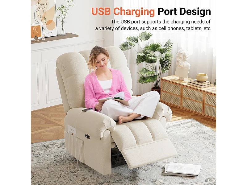 Fauteuil Relax électrique avec Repose-Pieds,Chaise salon en Velours Teddy,Fauteuil à loisirs Réglable,USB,Anti-statique,Confort,96x97x104cm Beige