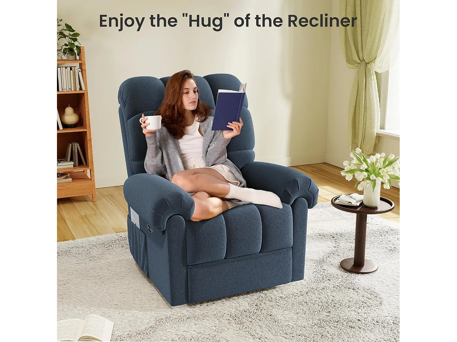 Poltrona relax elettrica in velluto per orsacchiotto, sedia per il tempo libero regolabile, con USB e poggiapiedi, 96x97x104cm, Blu