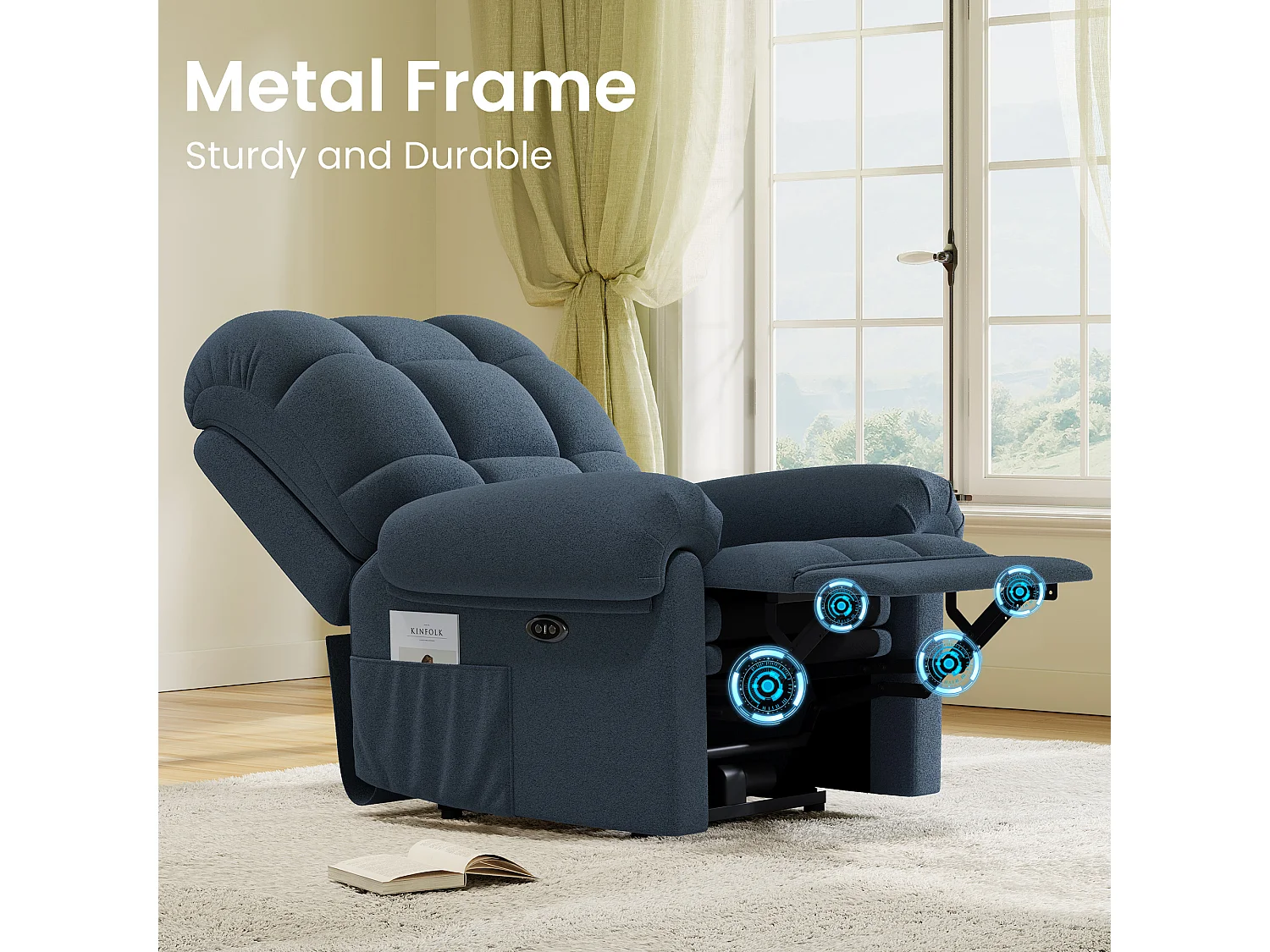 Poltrona relax elettrica in velluto per orsacchiotto, sedia per il tempo libero regolabile, con USB e poggiapiedi, 96x97x104cm, Blu