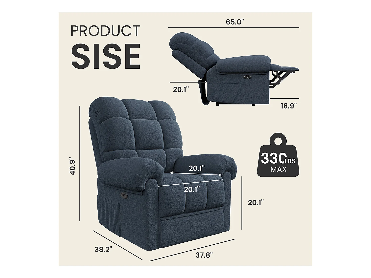 Fauteuil Relax électrique avec Repose-Pieds,Chaise salon en Velours Teddy,Fauteuil à loisirs Réglable,USB,Anti-statique,Confort,96x97x104cm Bleu Gris