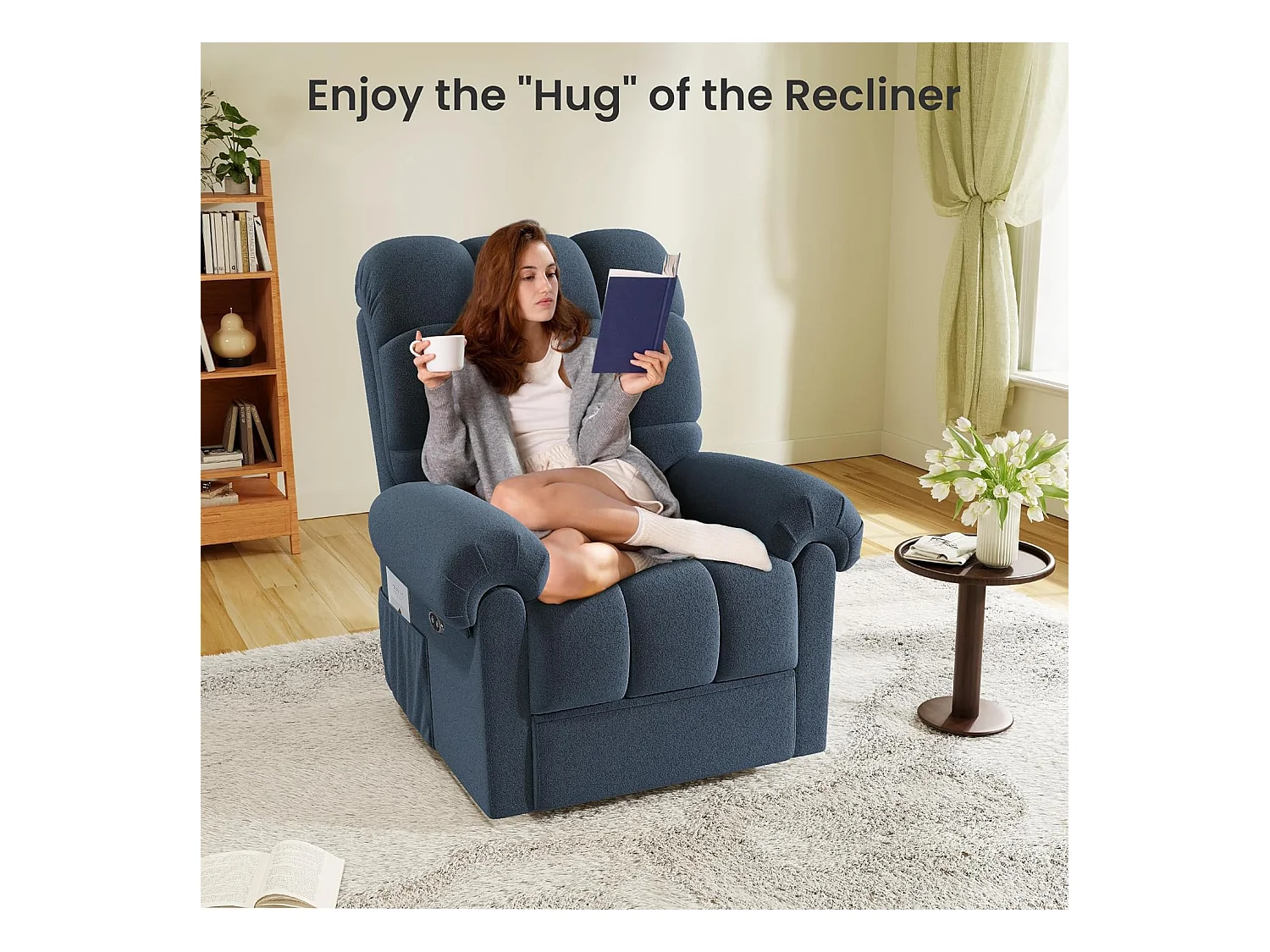 Fauteuil Relax électrique avec Repose-Pieds,Chaise salon en Velours Teddy,Fauteuil à loisirs Réglable,USB,Anti-statique,Confort,96x97x104cm Bleu Gris