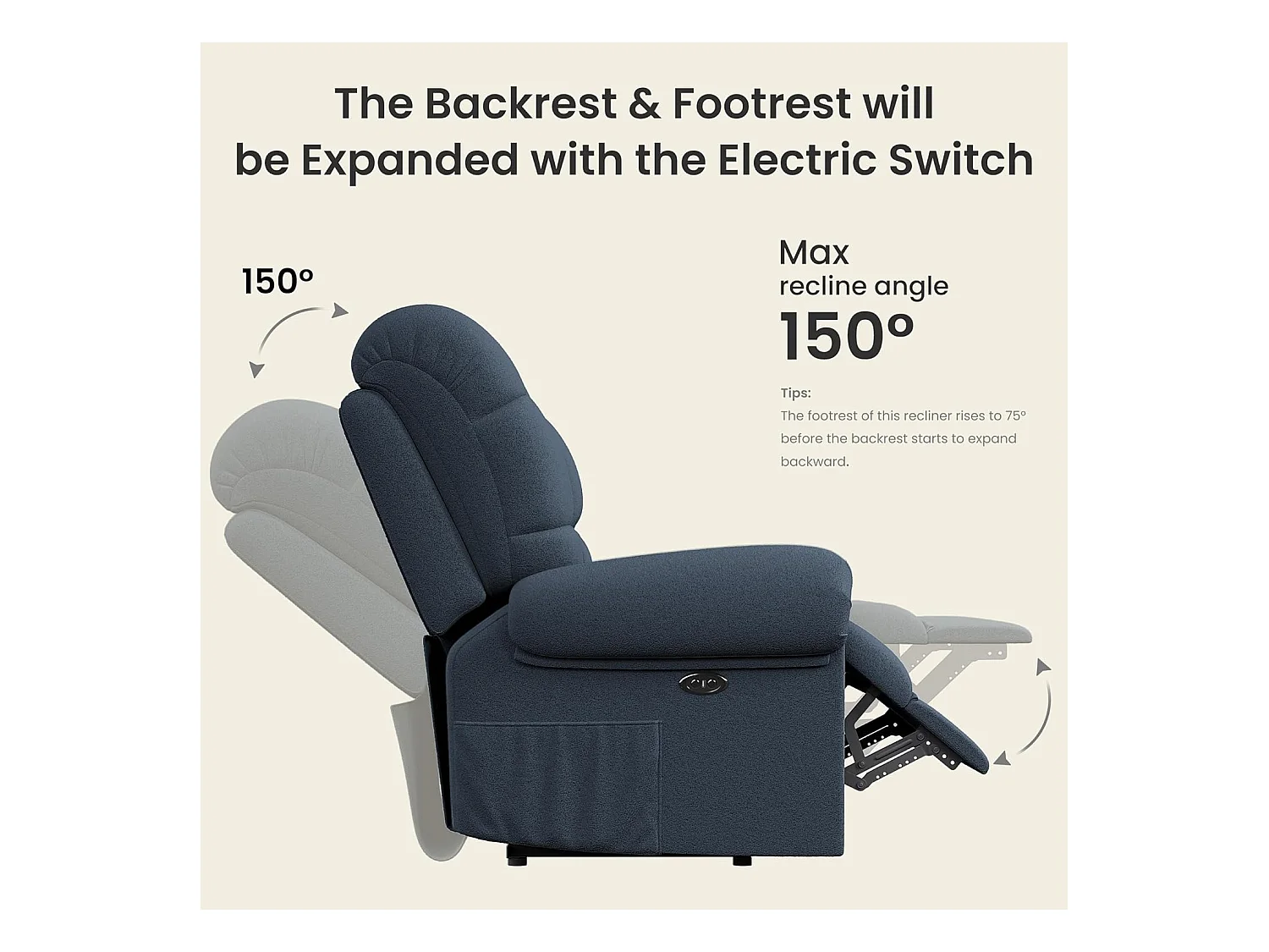 Fauteuil Relax électrique avec Repose-Pieds,Chaise salon en Velours Teddy,Fauteuil à loisirs Réglable,USB,Anti-statique,Confort,96x97x104cm Bleu Gris