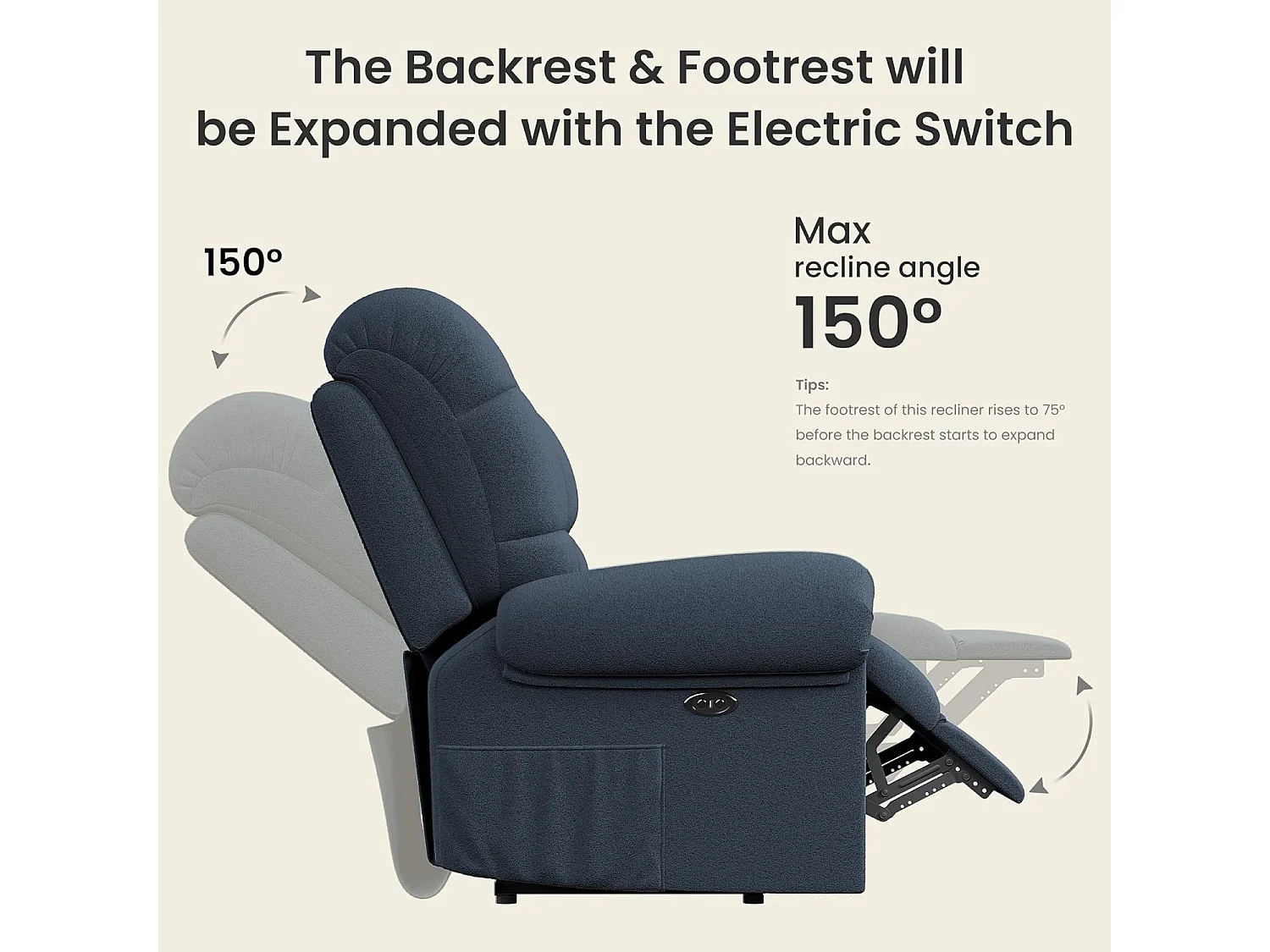 Elektrische relaxfauteuil met voetsteun, teddyfluwelen loungestoel, verstelbare vrijetijdsfauteuil, USB, antistatisch, comfort, 96x97x104cm blauwgrijs