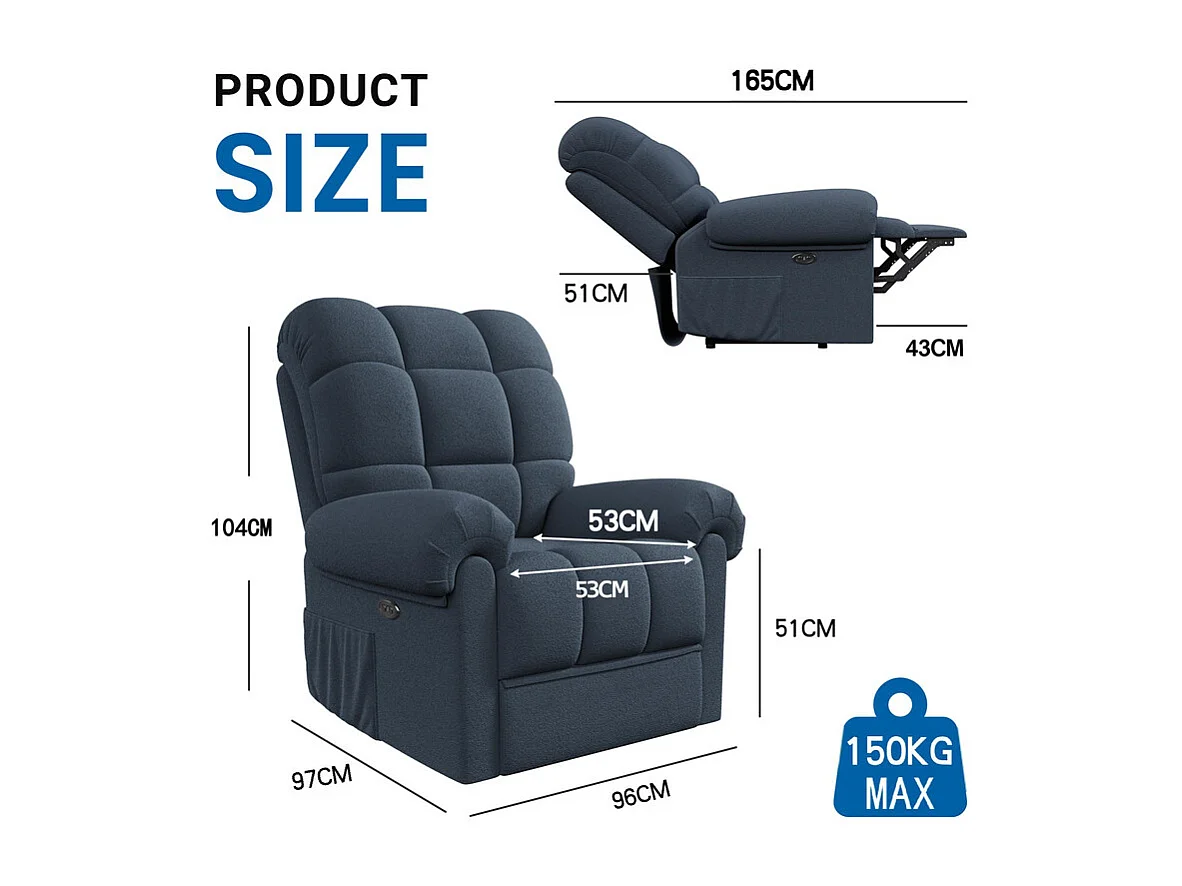 Fauteuil Relax électrique avec Repose-Pieds,Chaise salon en Velours Teddy,Fauteuil à loisirs Réglable,USB,Anti-statique,Confort,96x97x104cm Bleu Gris