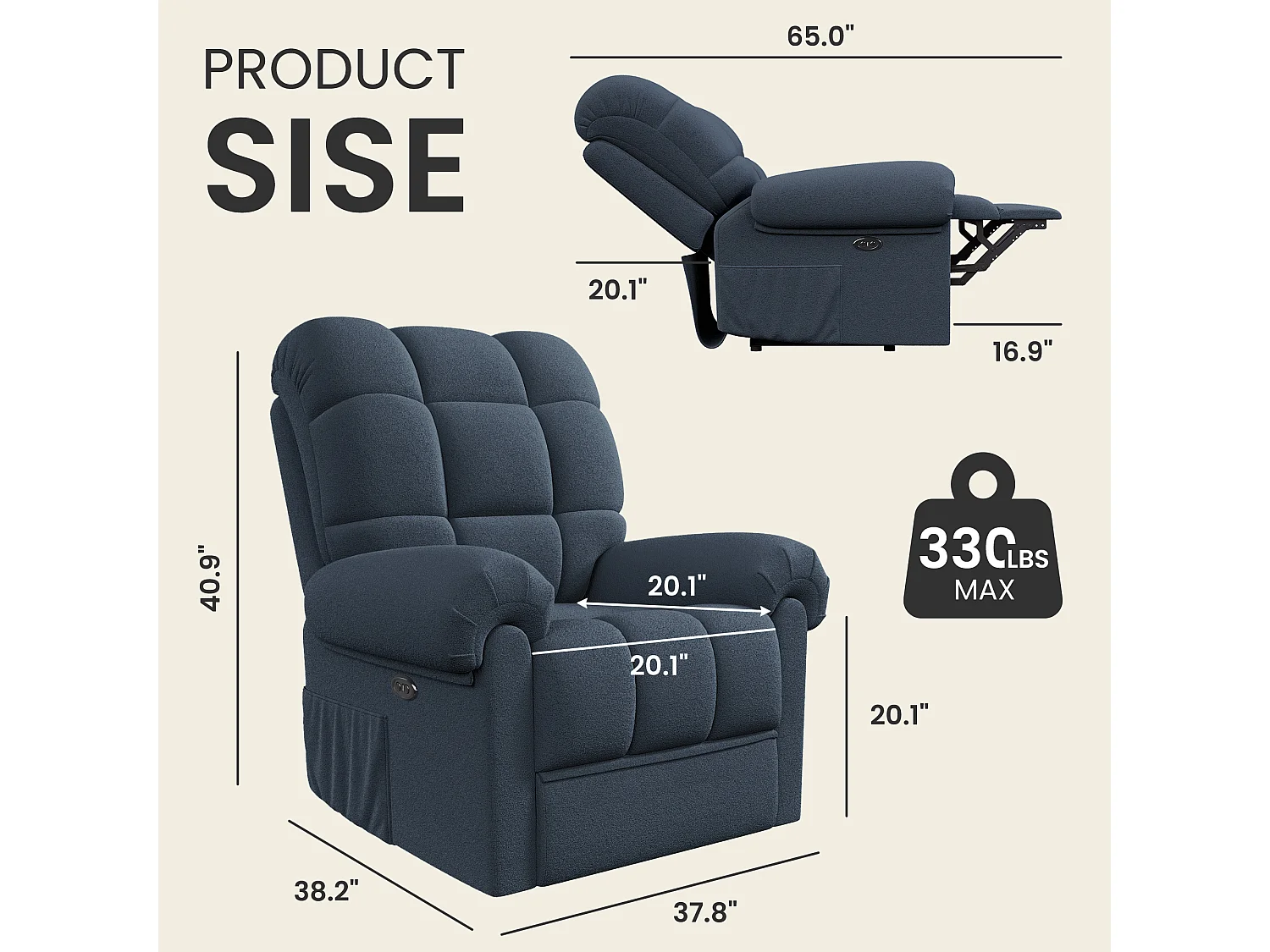 Fauteuil Relax électrique avec Repose-Pieds,Chaise salon en Velours Teddy,Fauteuil à loisirs Réglable,USB,Anti-statique,Confort,96x97x104cm Bleu Gris