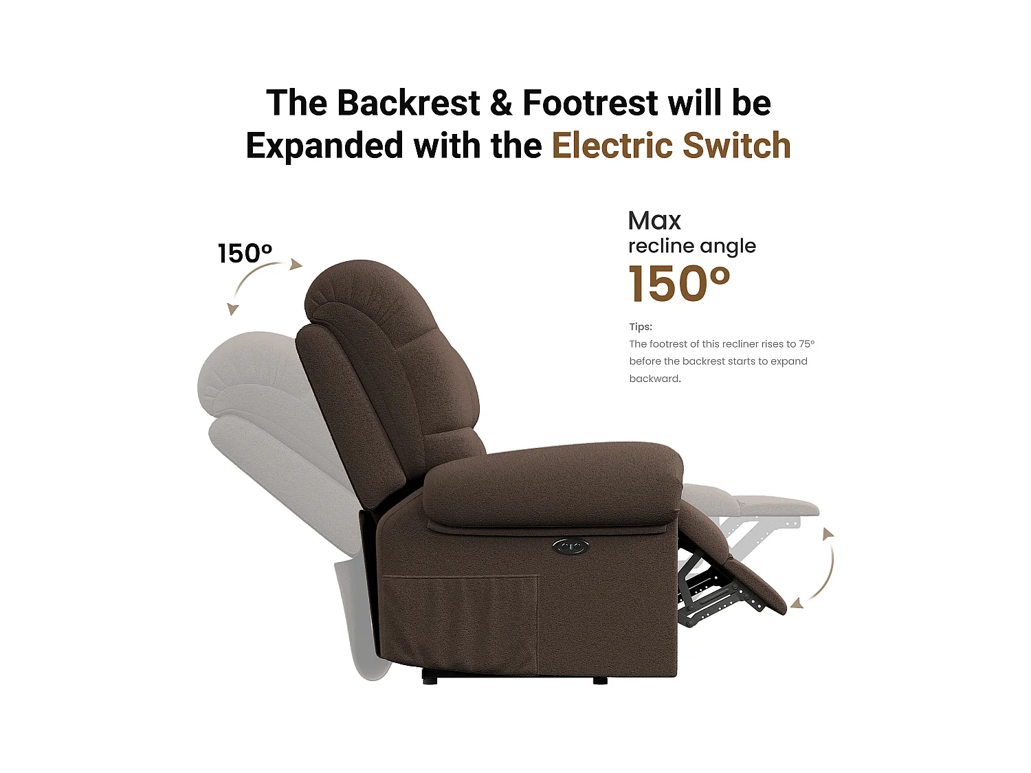 Fauteuil Relax Fauteuil électrique en Velours Teddy,Fauteuil à loisirs Réglable avec USB,Anti-statique avec Repose Pieds - 96x97x104cm Marron