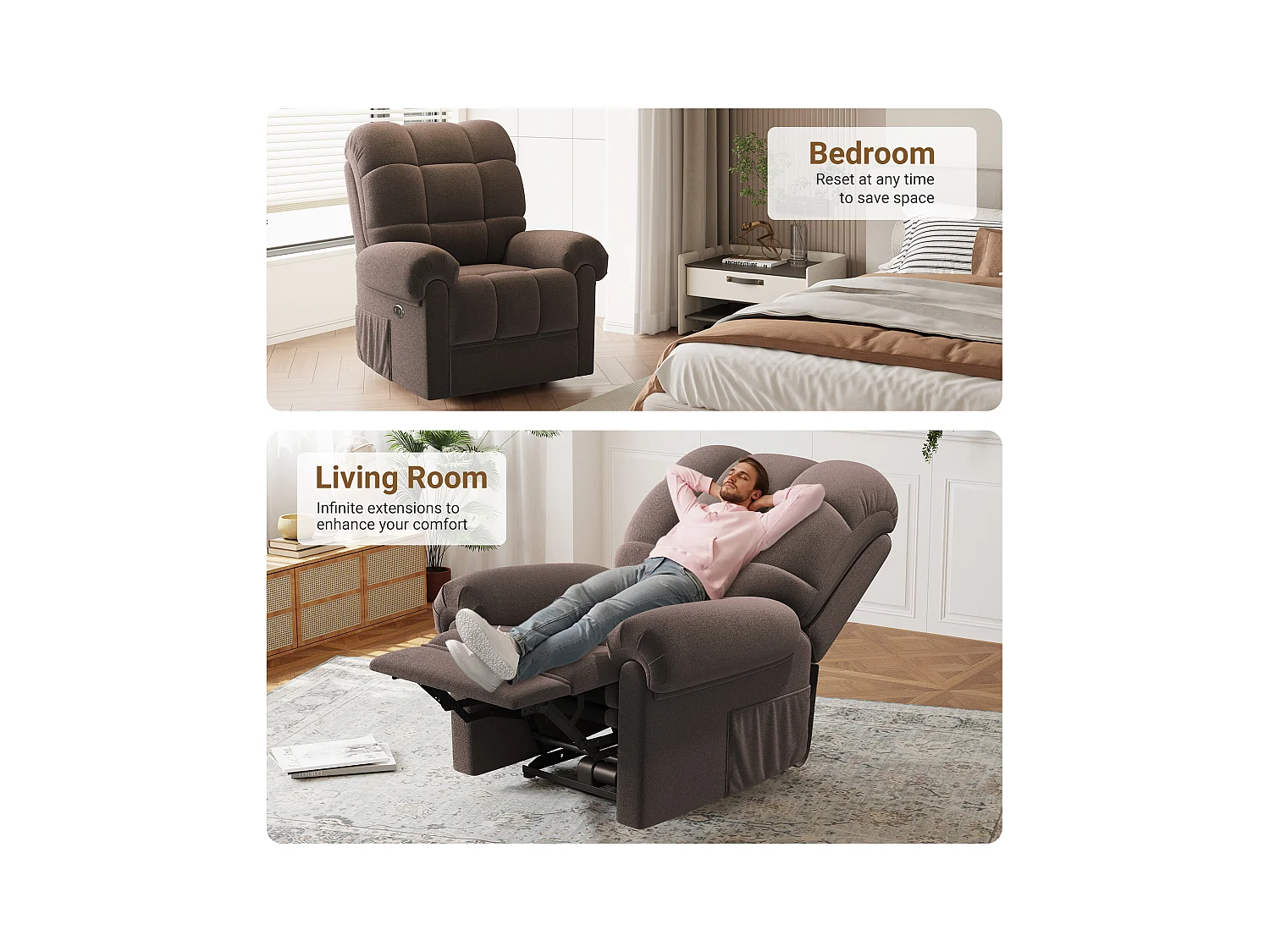Relaxfauteuil Elektrische teddyfluwelen fauteuil, verstelbare vrijetijdsfauteuil met USB, antistatisch met voetsteun - 96x97x104cm bruin