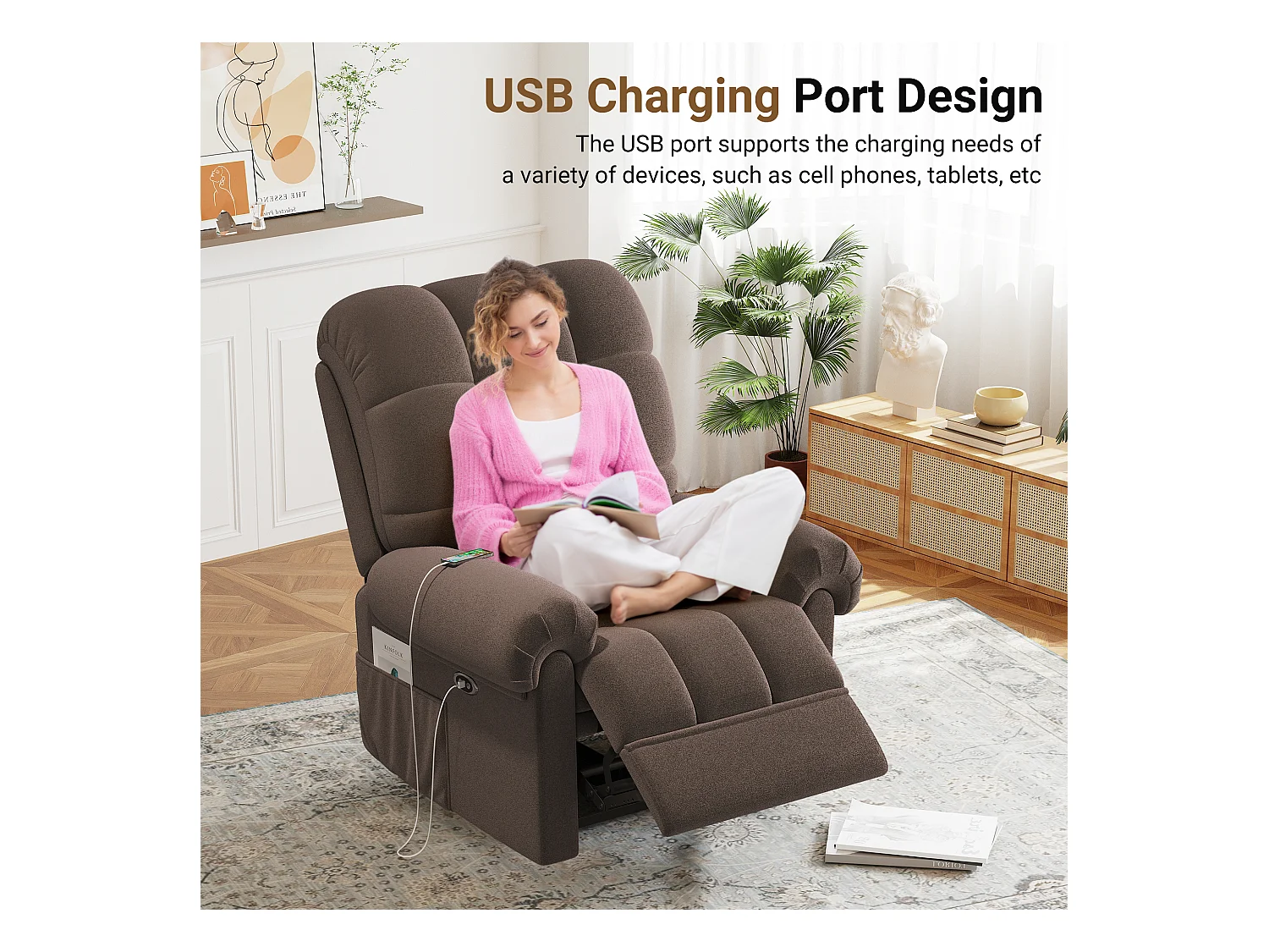 Relaxfauteuil Elektrische teddyfluwelen fauteuil, verstelbare vrijetijdsfauteuil met USB, antistatisch met voetsteun - 96x97x104cm bruin