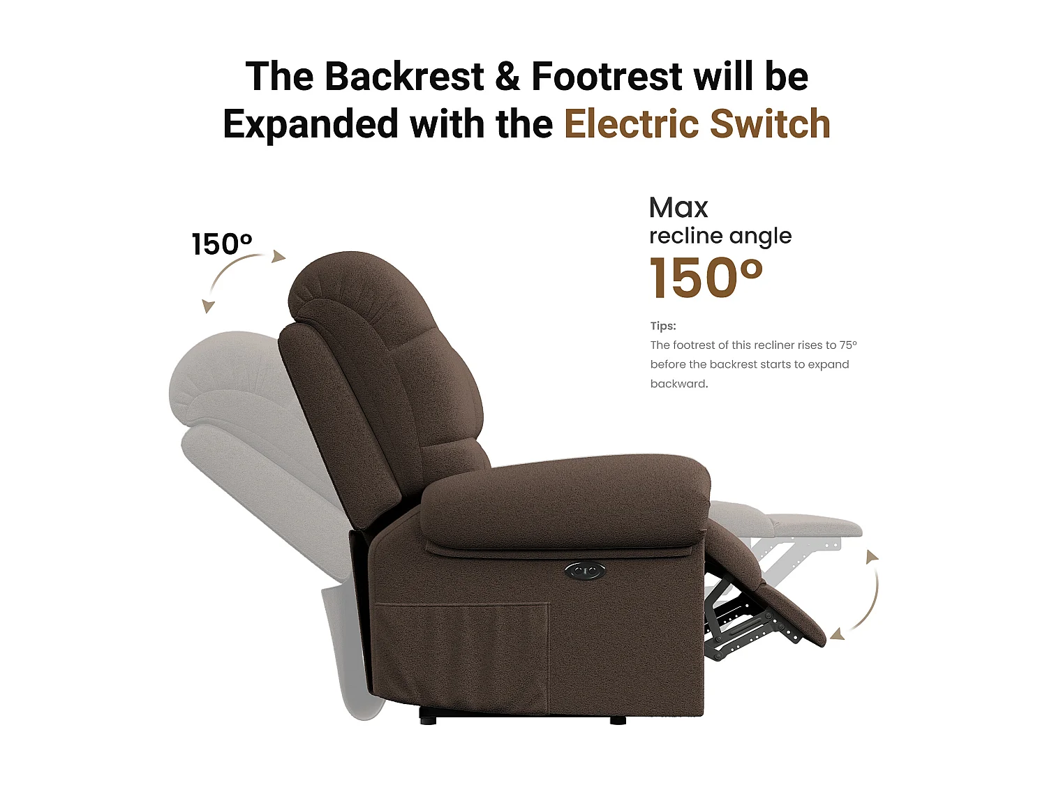 Fauteuil Relax Fauteuil électrique en Velours Teddy,Fauteuil à loisirs Réglable avec USB,Anti-statique avec Repose Pieds - 96x97x104cm Marron