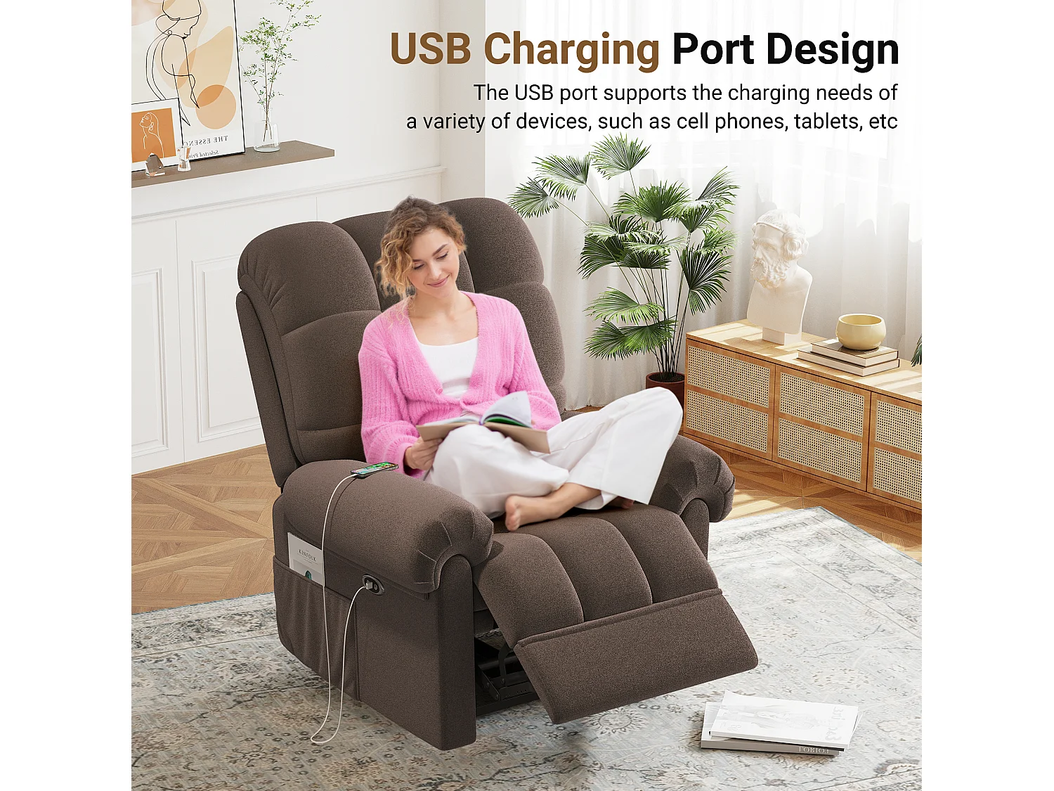 Fauteuil Relax Fauteuil électrique en Velours Teddy,Fauteuil à loisirs Réglable avec USB,Anti-statique avec Repose Pieds - 96x97x104cm Marron