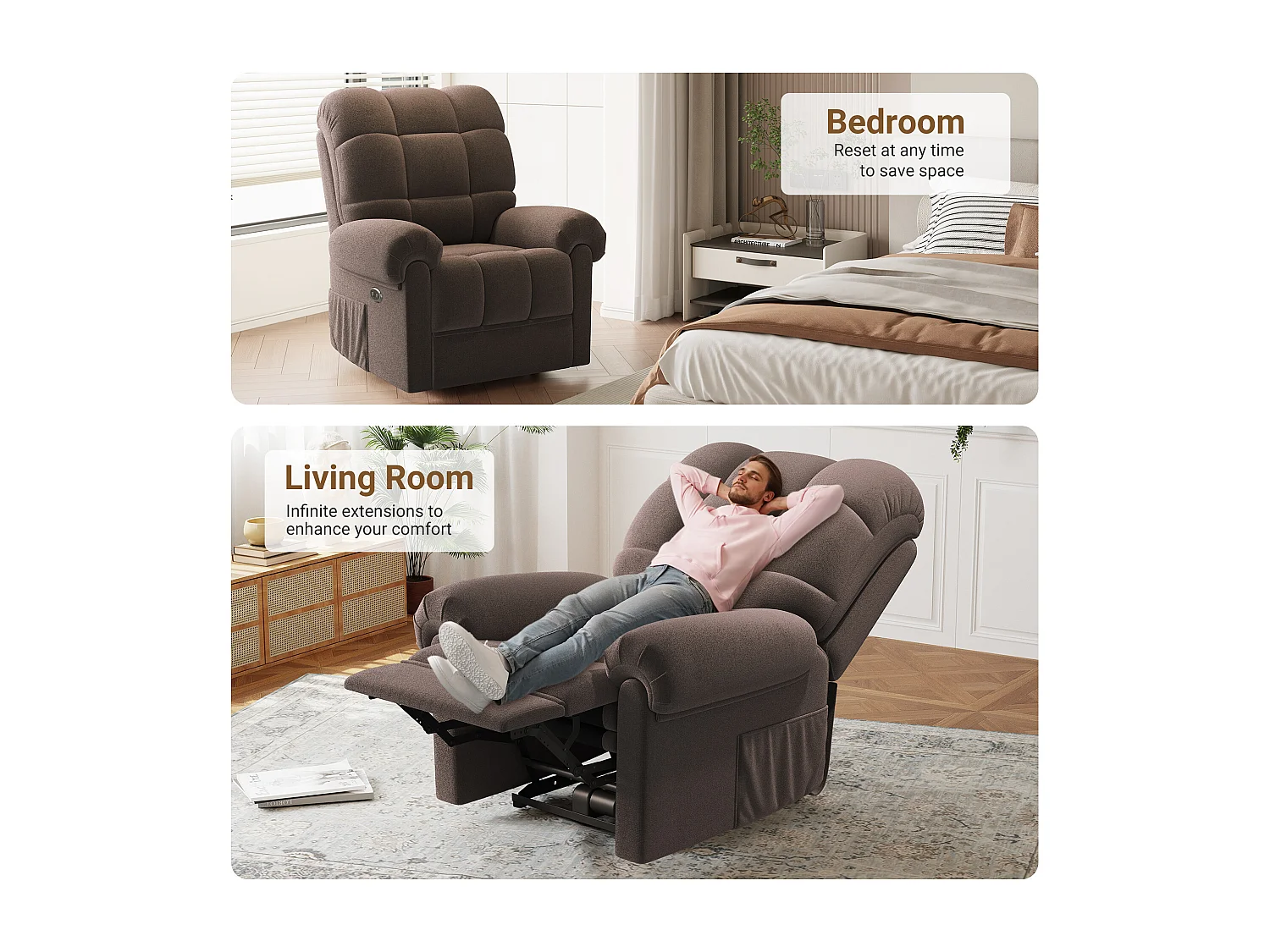 Fauteuil Relax Fauteuil électrique en Velours Teddy,Fauteuil à loisirs Réglable avec USB,Anti-statique avec Repose Pieds - 96x97x104cm Marron