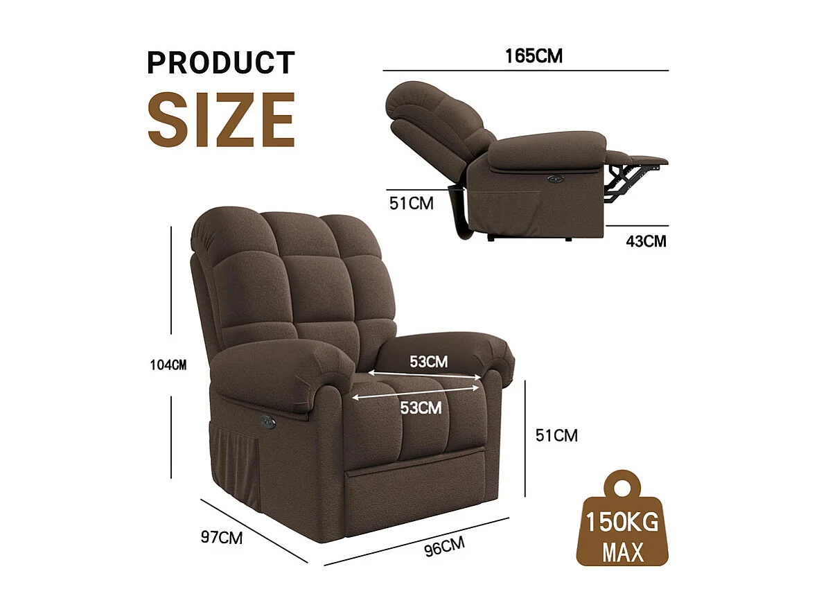 Fauteuil Relax Fauteuil électrique en Velours Teddy,Fauteuil à loisirs Réglable avec USB,Anti-statique avec Repose Pieds - 96x97x104cm Marron