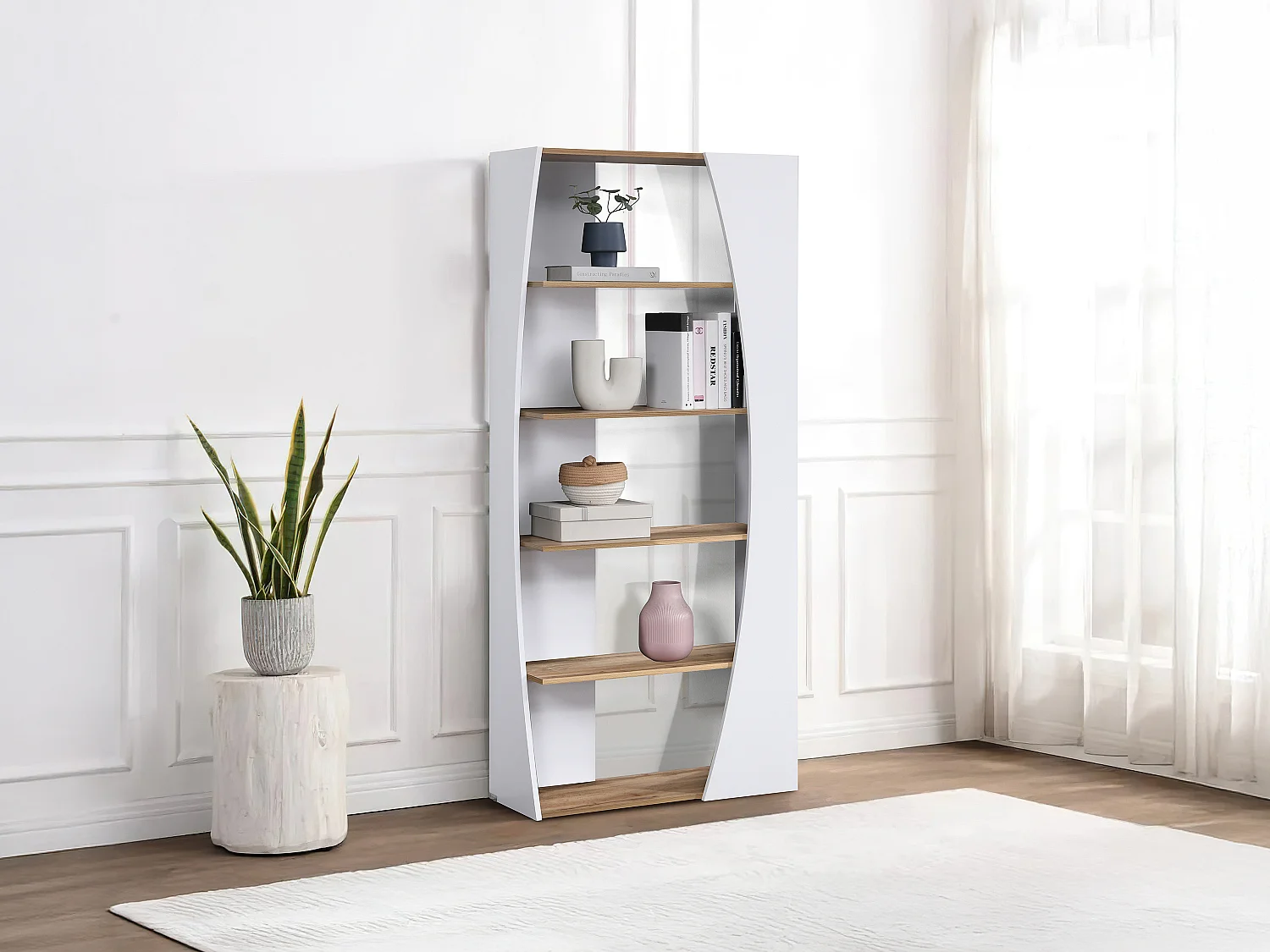 Bibliothèque avec 5 étagères - Blanc et Naturel - JILORA