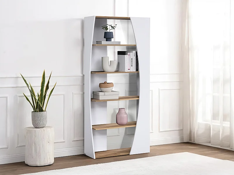 Bibliothèque avec 5 étagères - Blanc et Naturel - JILORA