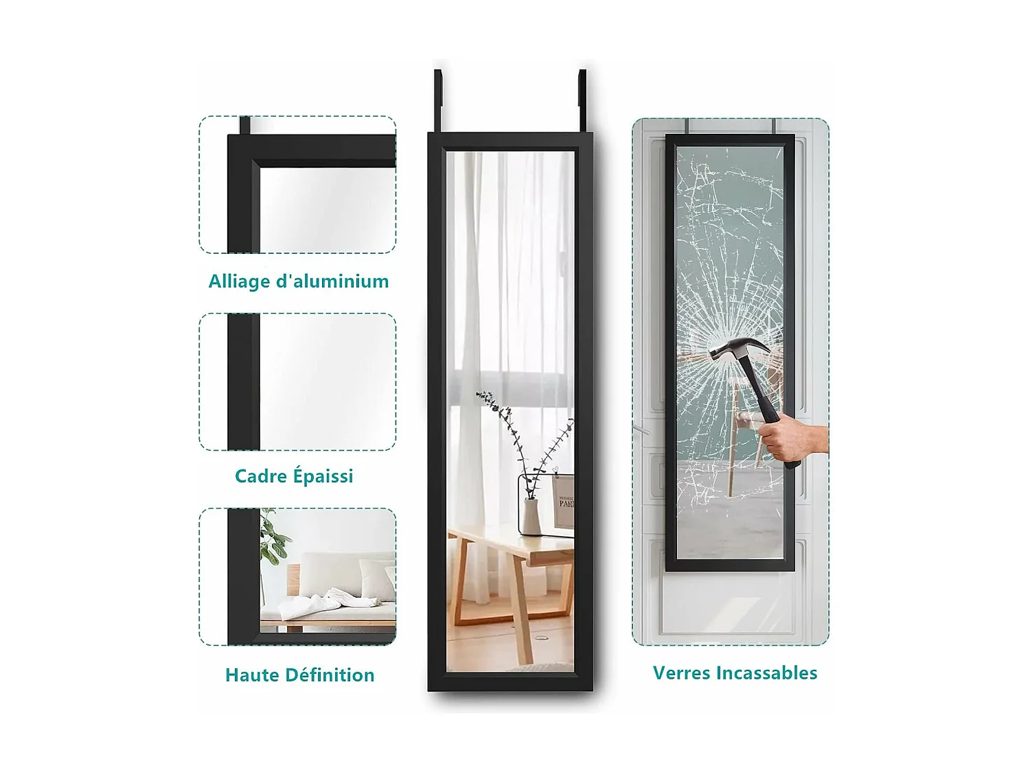 Porta a parete appesa specchio 110x33 cm, lunghezza dello specchio pieno in vetro temperato con 2 ganci di sospensione per porta, altezza regolabile - nero