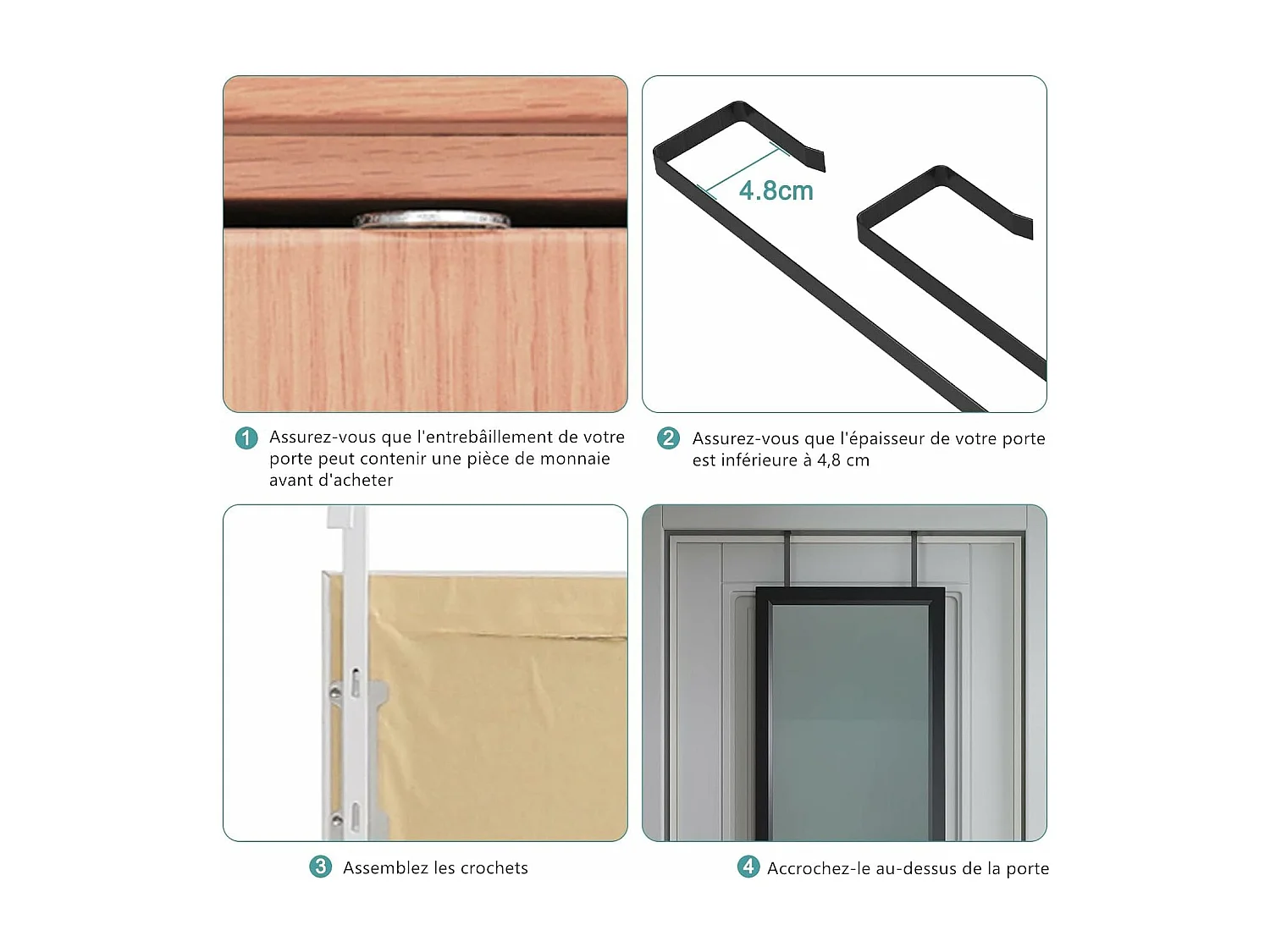 Porta a parete appesa specchio 110x33 cm, lunghezza dello specchio pieno in vetro temperato con 2 ganci di sospensione per porta, altezza regolabile - nero