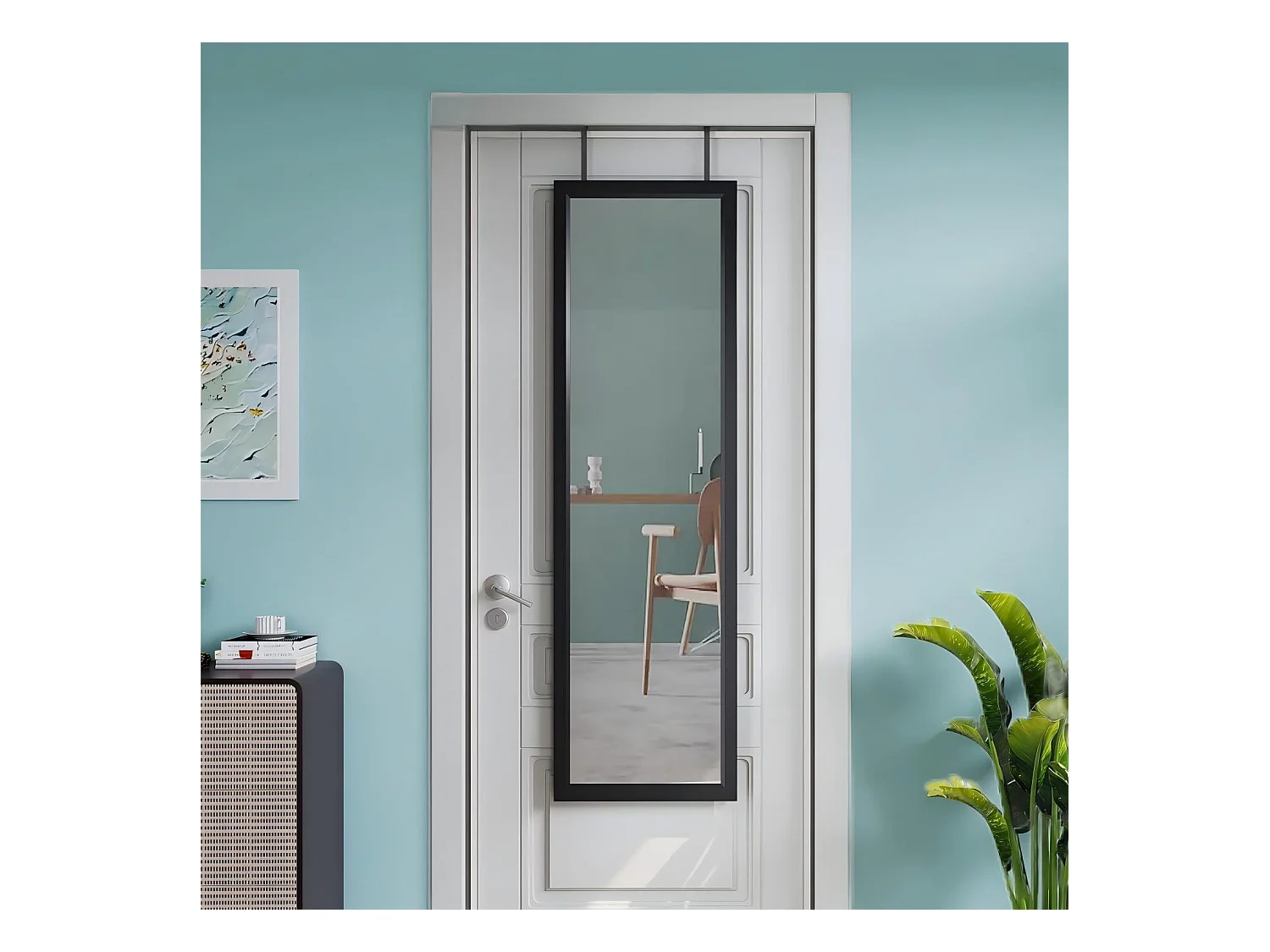 Spiegel hängende Wandtür 110x33 cm, vollständige Spiegellänge in geschmiedetem Glas mit 2 Haken der Tür für Tür, verstellbare Höhe - Schwarz