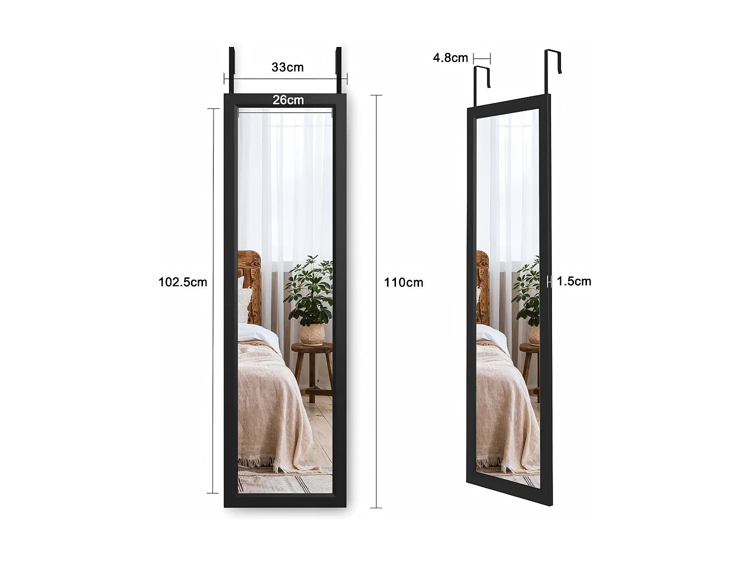 Hangende wanddeurspiegel 110x33cm, spiegel van gehard glas over de volledige lengte met 2 deurophanghaken, verstelbare hoogte - zwart