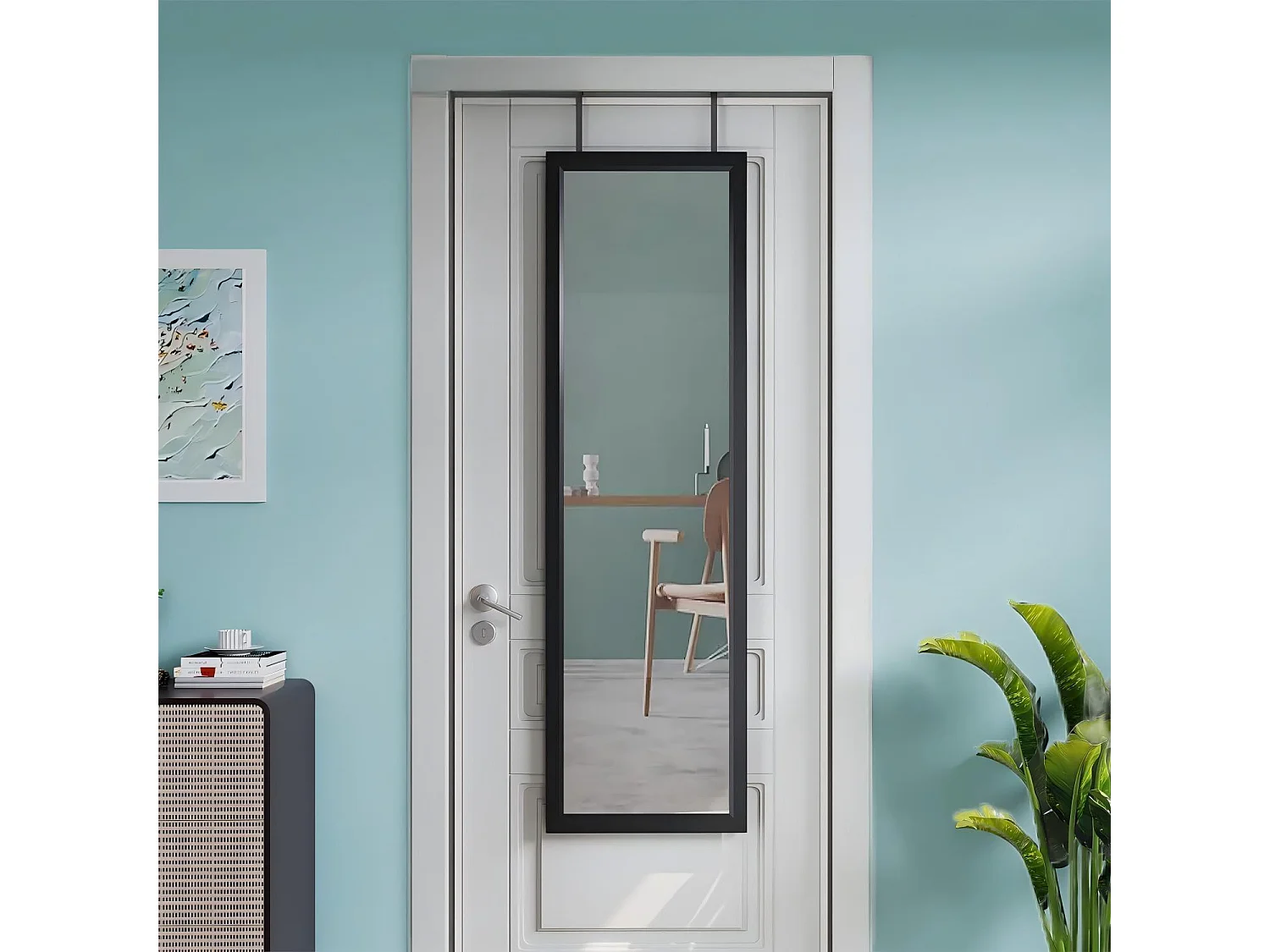 Hangende wanddeurspiegel 110x33cm, spiegel van gehard glas over de volledige lengte met 2 deurophanghaken, verstelbare hoogte - zwart