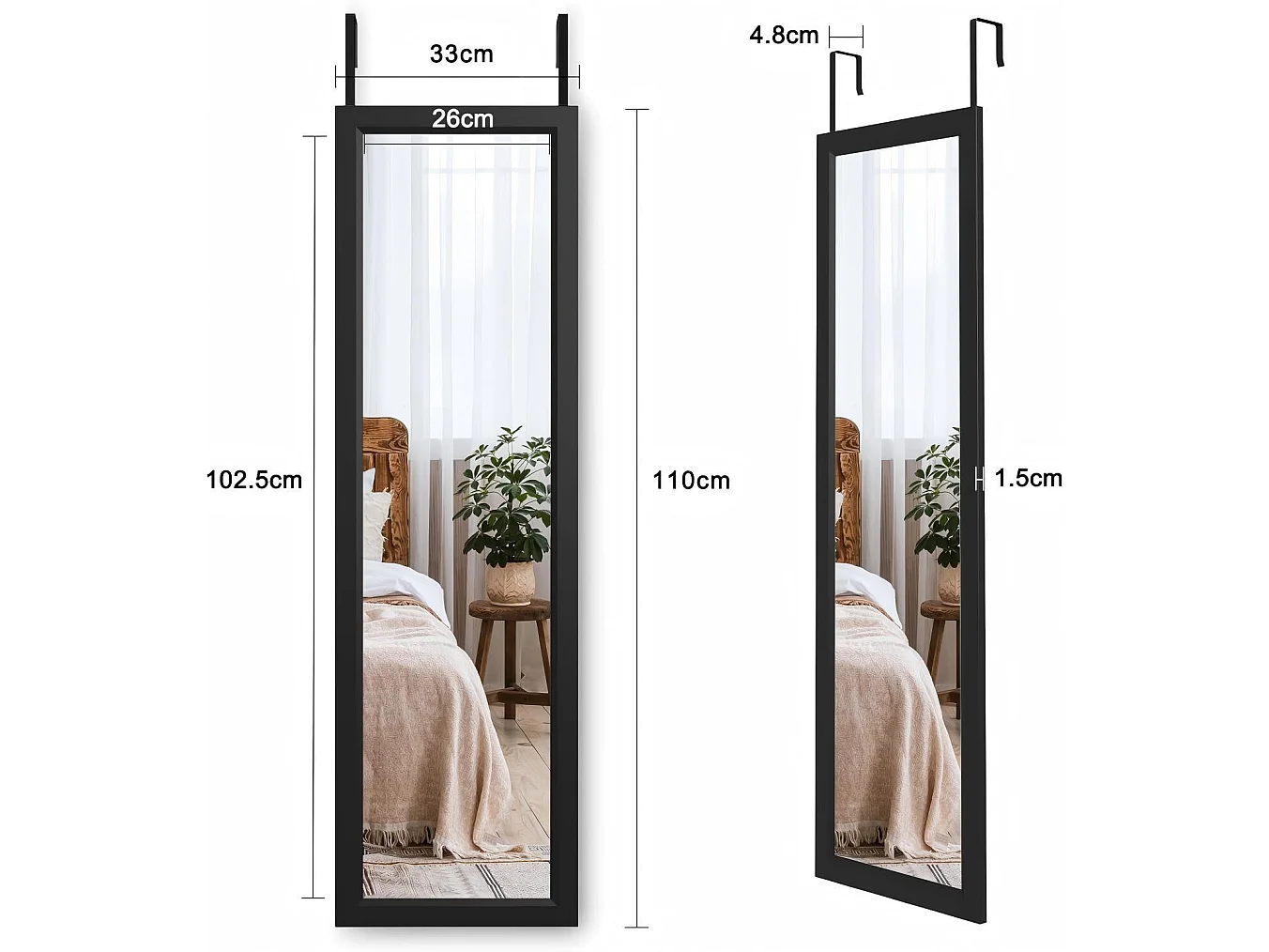 Hangende wanddeurspiegel 110x33cm, spiegel van gehard glas over de volledige lengte met 2 deurophanghaken, verstelbare hoogte - zwart