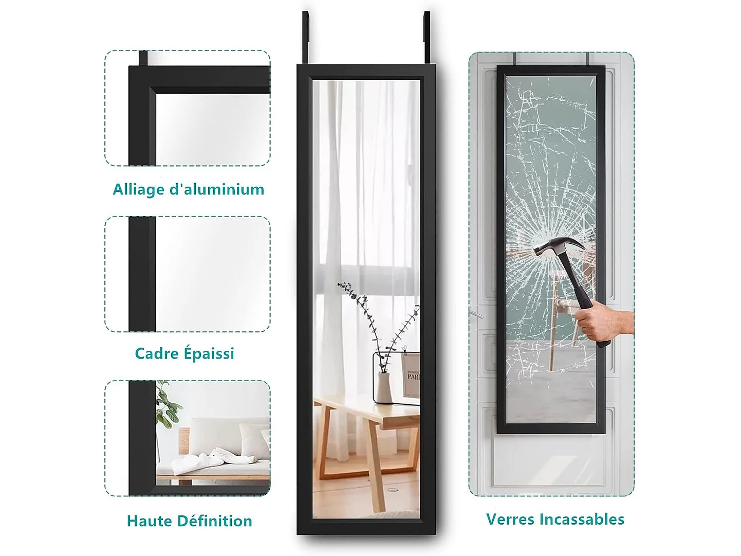 Hangende wanddeurspiegel 110x33cm, spiegel van gehard glas over de volledige lengte met 2 deurophanghaken, verstelbare hoogte - zwart