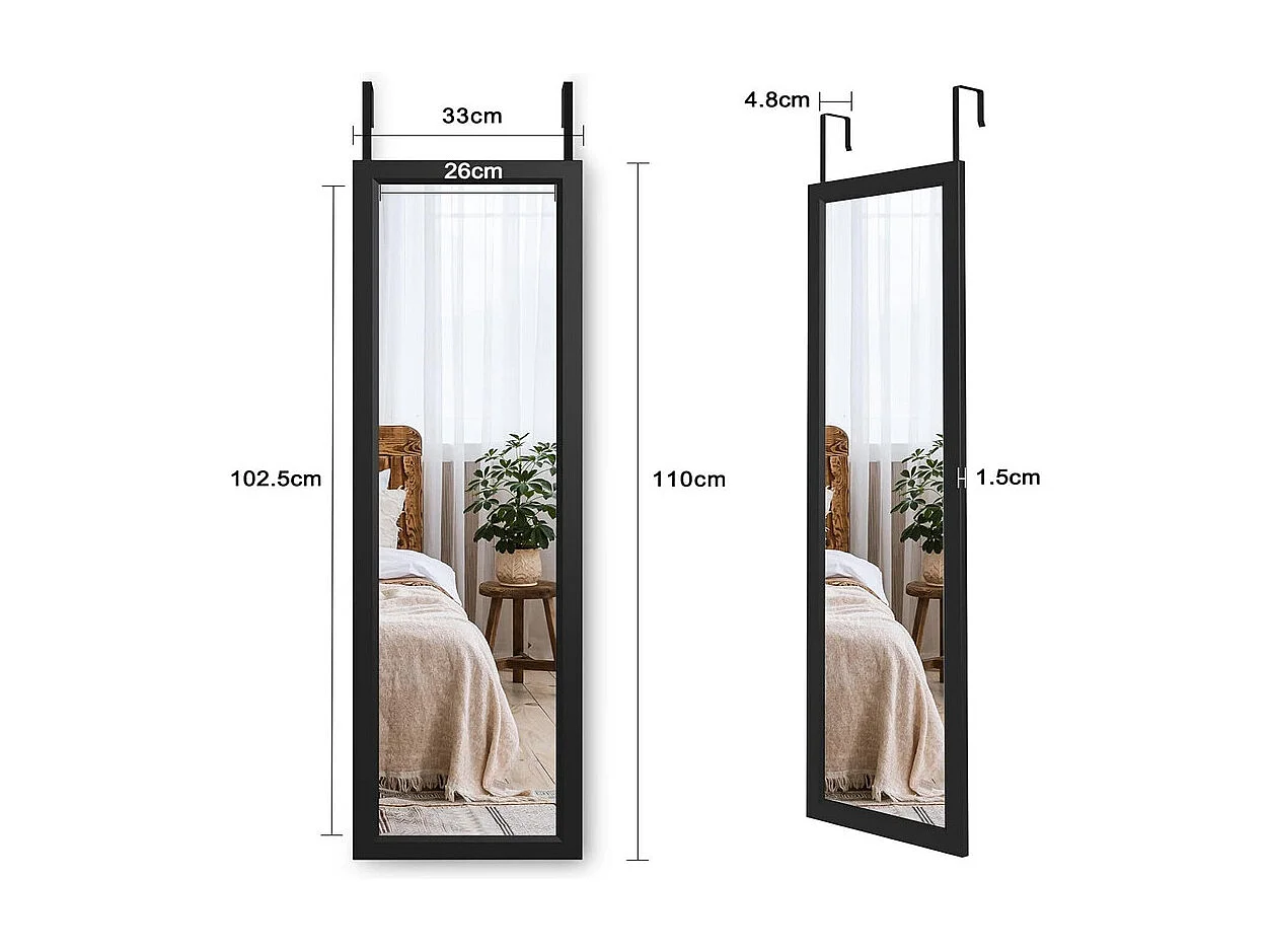 Spiegel hängende Wandtür 110x33 cm, vollständige Spiegellänge in geschmiedetem Glas mit 2 Haken der Tür für Tür, verstellbare Höhe - Schwarz