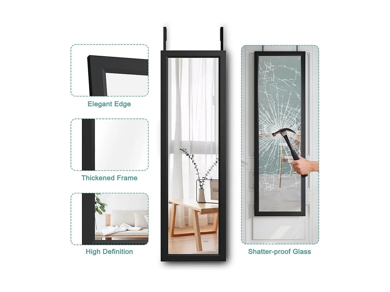 Spiegel hängende Wandtür 110x33 cm, vollständige Spiegellänge in geschmiedetem Glas mit 2 Haken der Tür für Tür, verstellbare Höhe - Schwarz