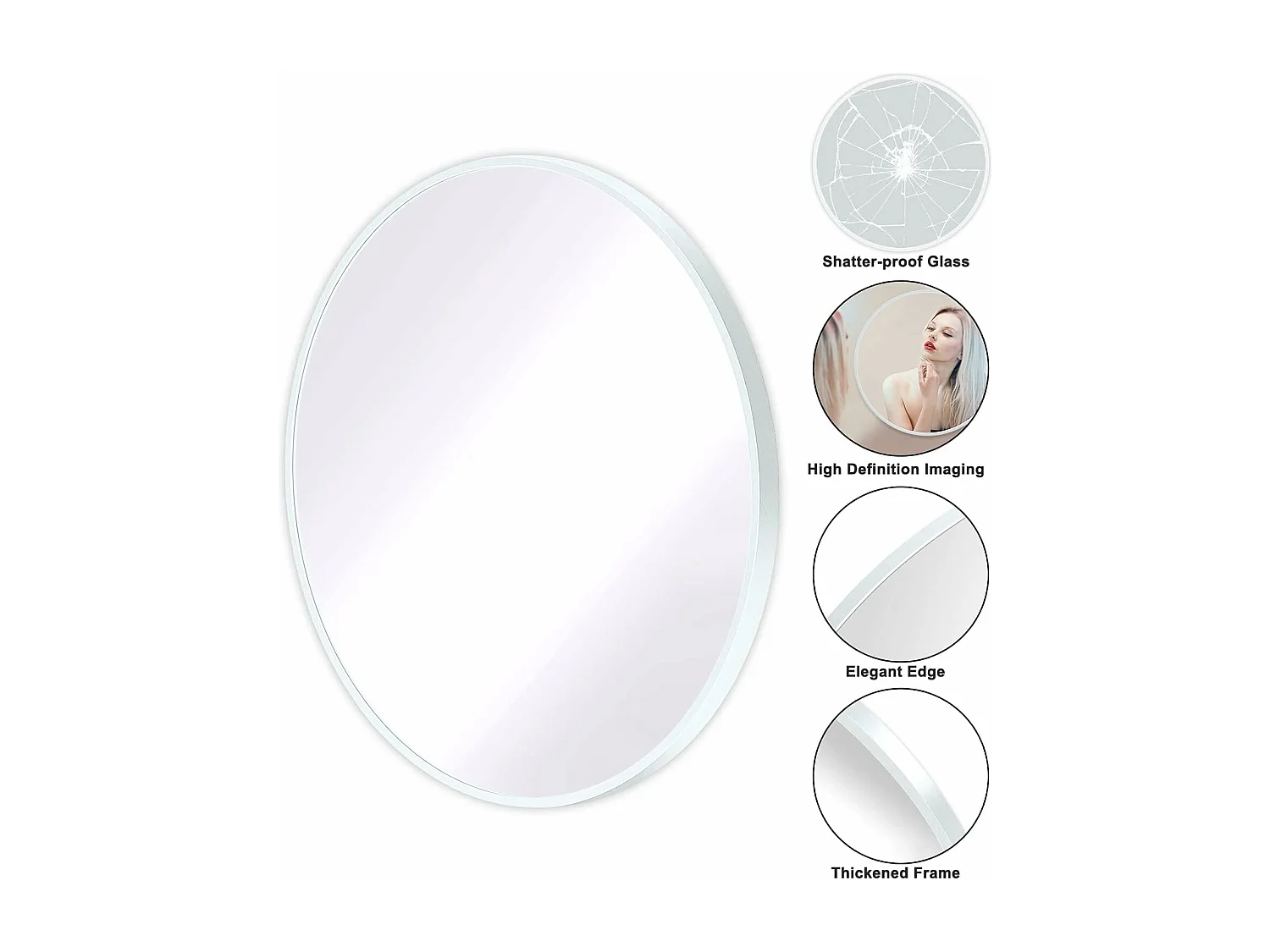 Miroir Rond Mural,60x60cm Miroir HD Moderne en Cadre pour décorer, Salle de Bain, Salon Chambre, Blanc