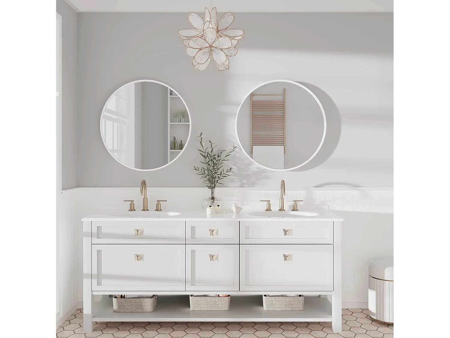 Espelho redondo de parede, 60x60cm Modern HD Mirror em cenário para decorar, banheiro, quarto, branco