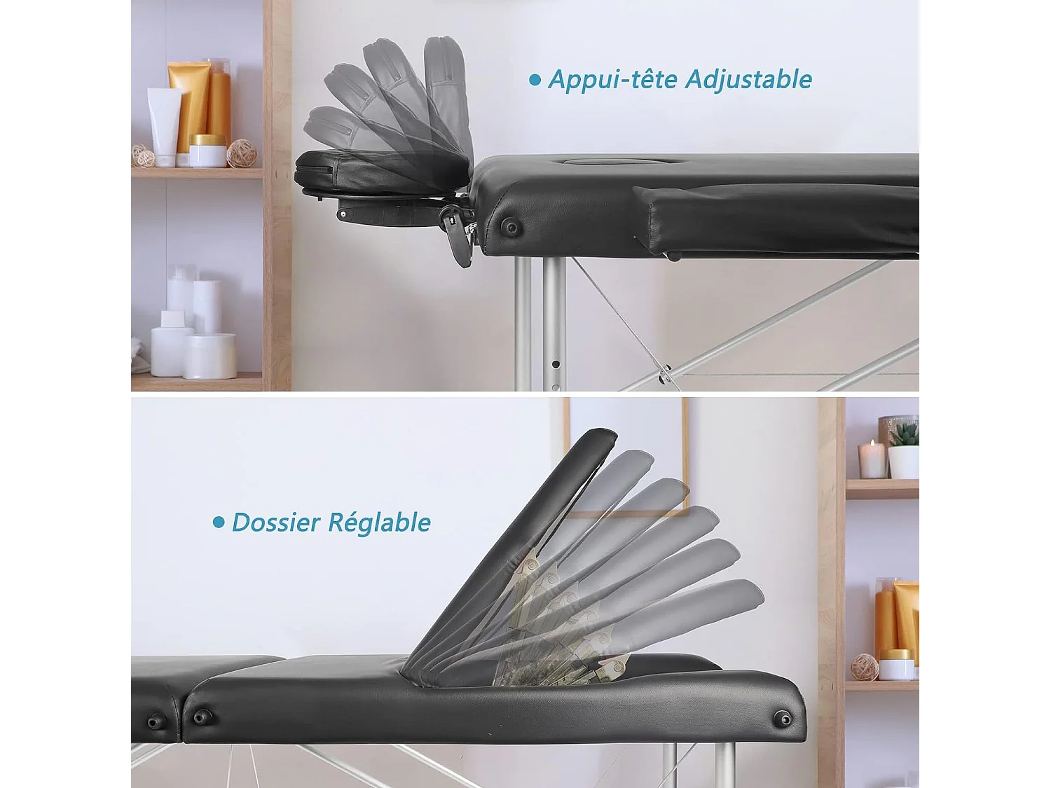 Table de massage Canapé Pliante Aluminium 3 Zones Lit Professionnel Cosmétique Esthetique Hauteur Réglable avec Housse de Transport - Noir