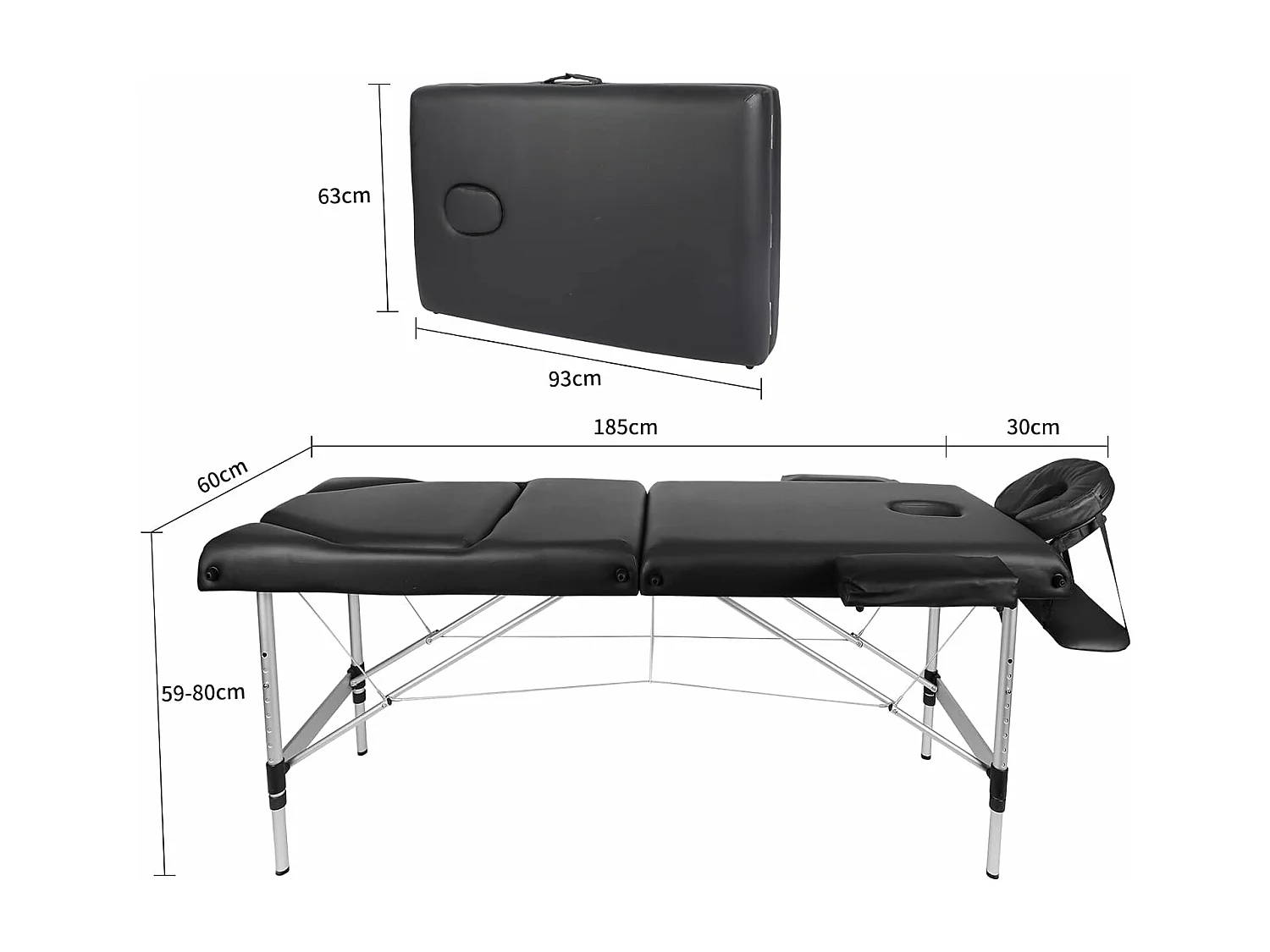 Table de massage Canapé Pliante Aluminium 3 Zones Lit Professionnel Cosmétique Esthetique Hauteur Réglable avec Housse de Transport - Noir