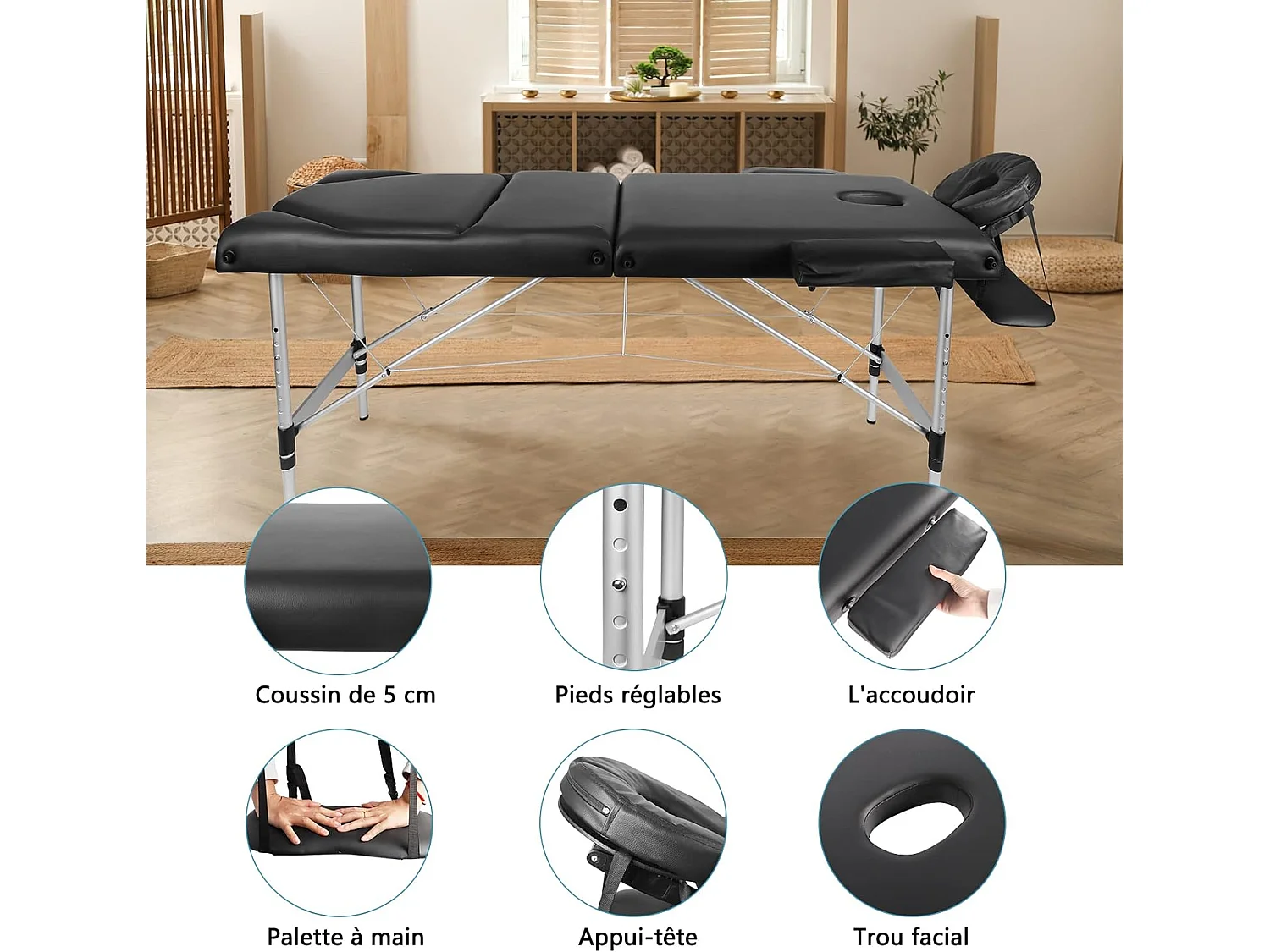 Table de massage Canapé Pliante Aluminium 3 Zones Lit Professionnel Cosmétique Esthetique Hauteur Réglable avec Housse de Transport - Noir