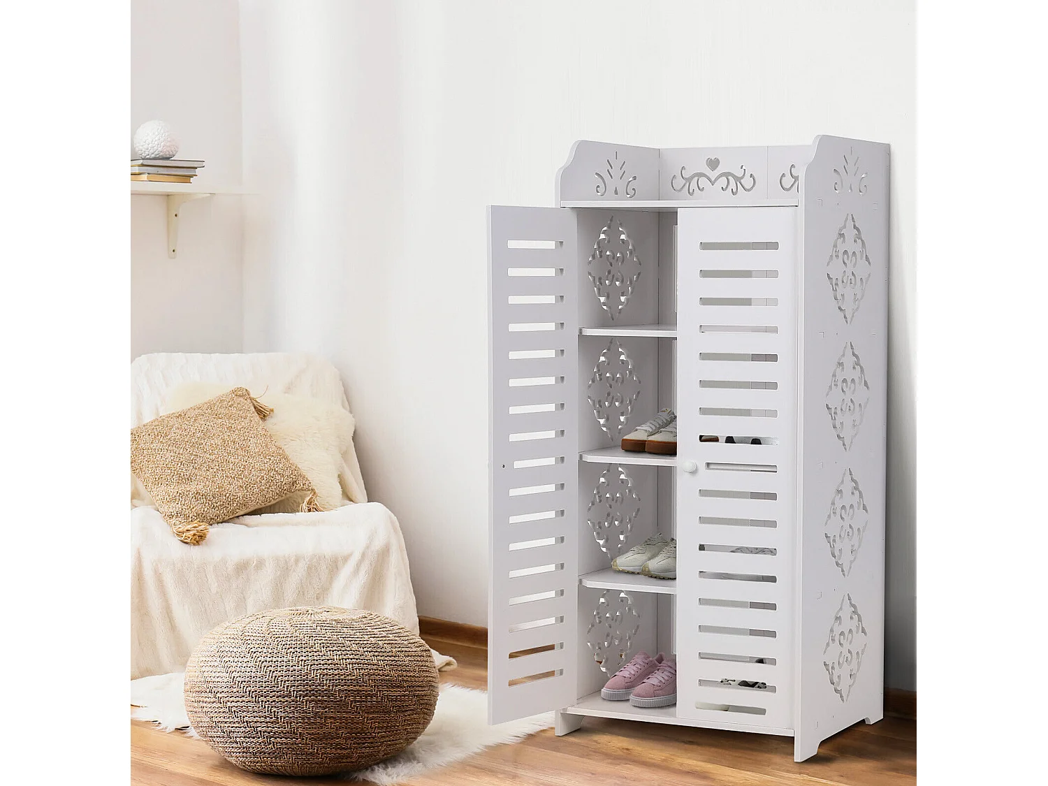 Schoenenkast met 5 planken, schoenenkast met 2 deuren, ontwerp met uitgesneden patroon, 40x31x90cm, wit