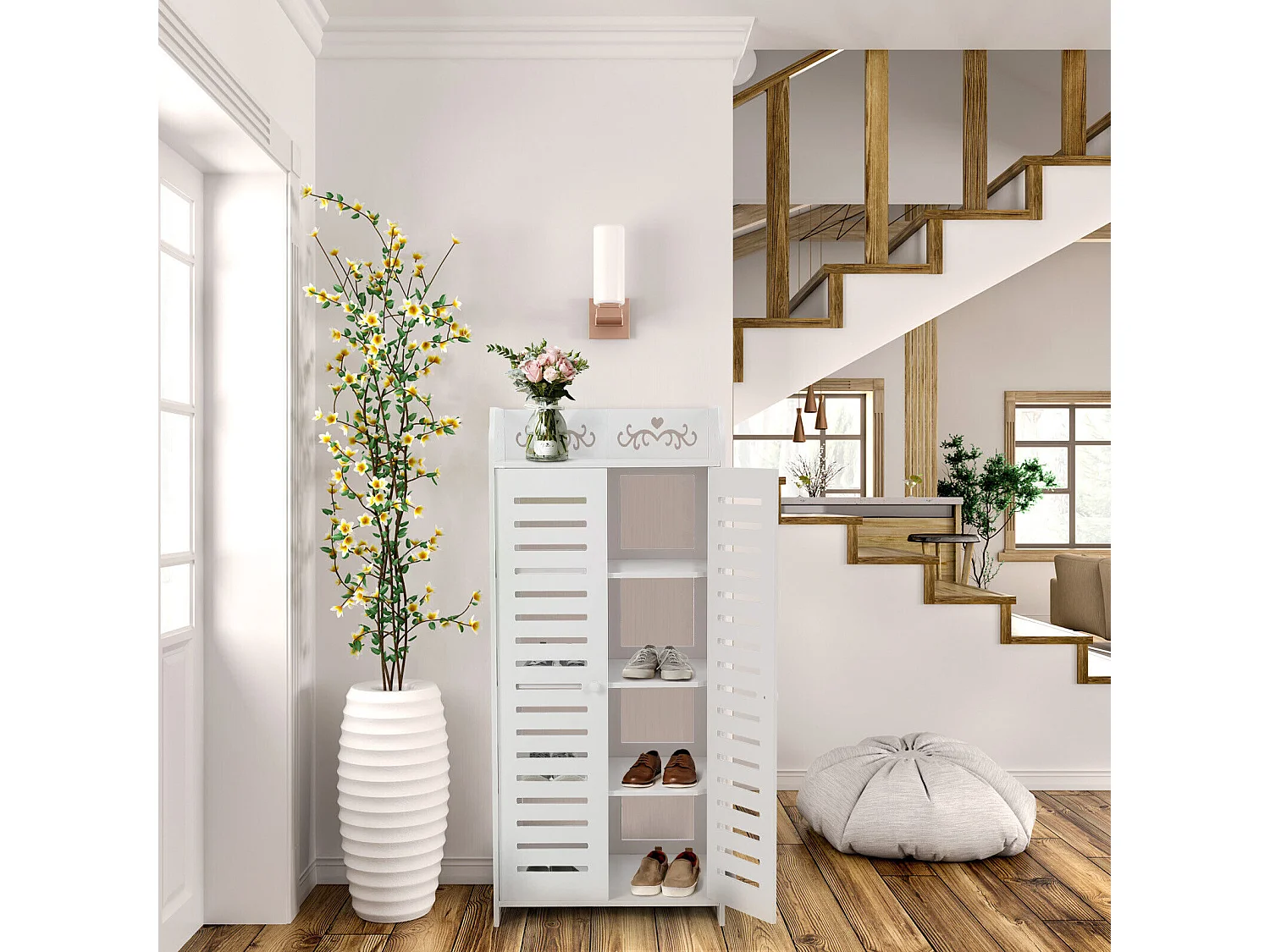 Schoenenkast met 5 planken, schoenenkast met 2 deuren, ontwerp met uitgesneden patroon, 40x31x90cm, wit