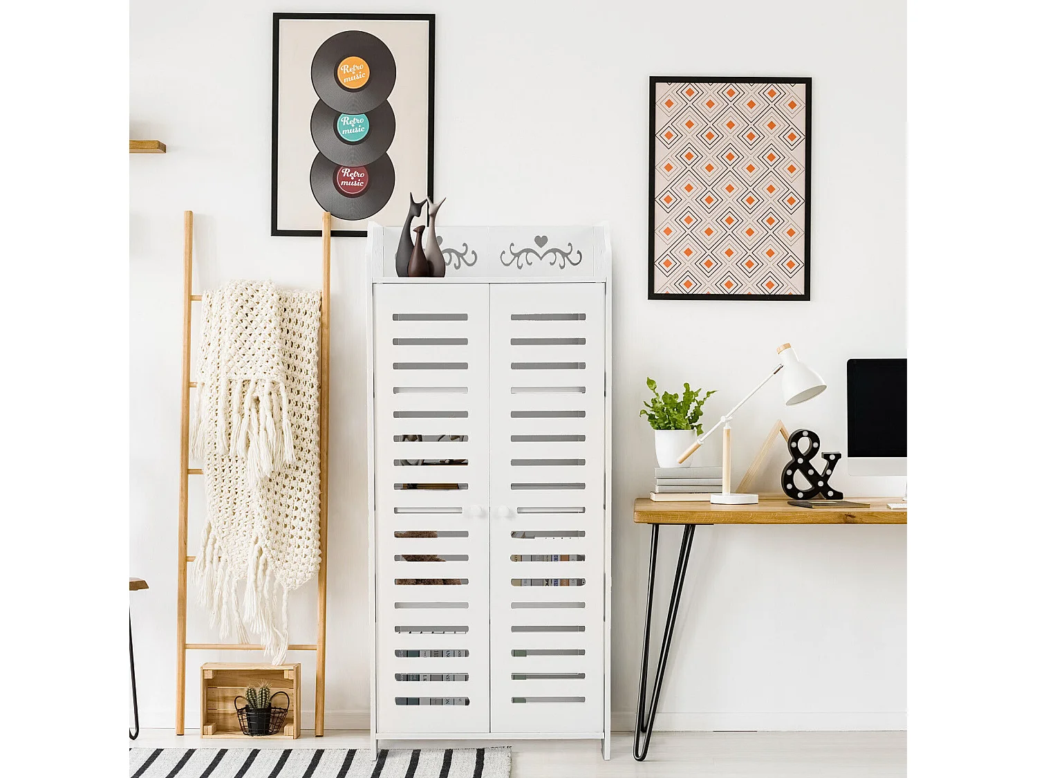 Gabinete de zapato 5 estantes, gabinete de zapato de entrada de 2 puertas, diseño de patrones de corte, 40x31x90cm, blanco