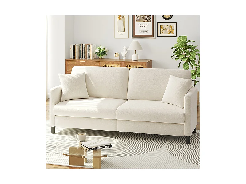 3 Sitzoter -Sofa in Teddy Samt, rechter Komfortsofa in Massivholz, Liebesseat mit Armlehnen, 193x79x89cm, Beige, Beige