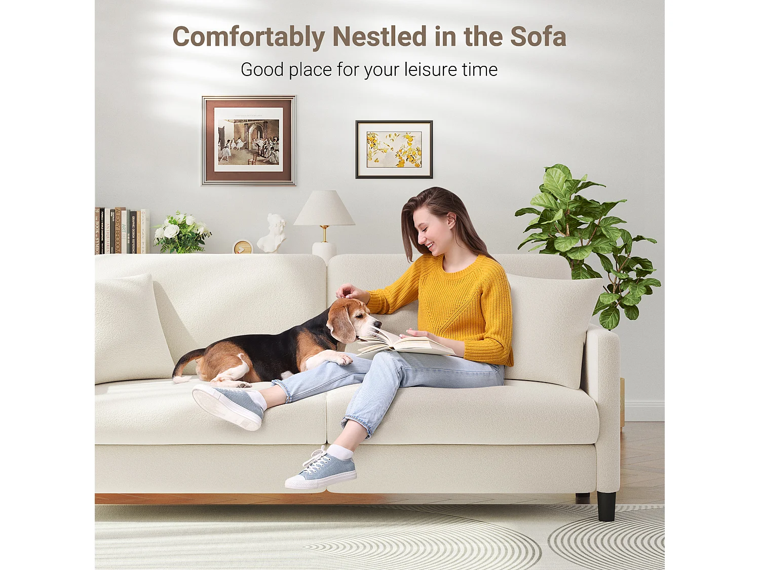 Canapé 3 Places en Velours Teddy,Canapé Droit Confort en Bois Massif,Loveseat avec Accoudoirs,193x79x89cm,Beige