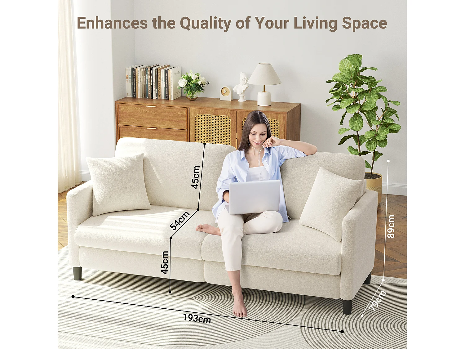 Canapé 3 Places en Velours Teddy,Canapé Droit Confort en Bois Massif,Loveseat avec Accoudoirs,193x79x89cm,Beige