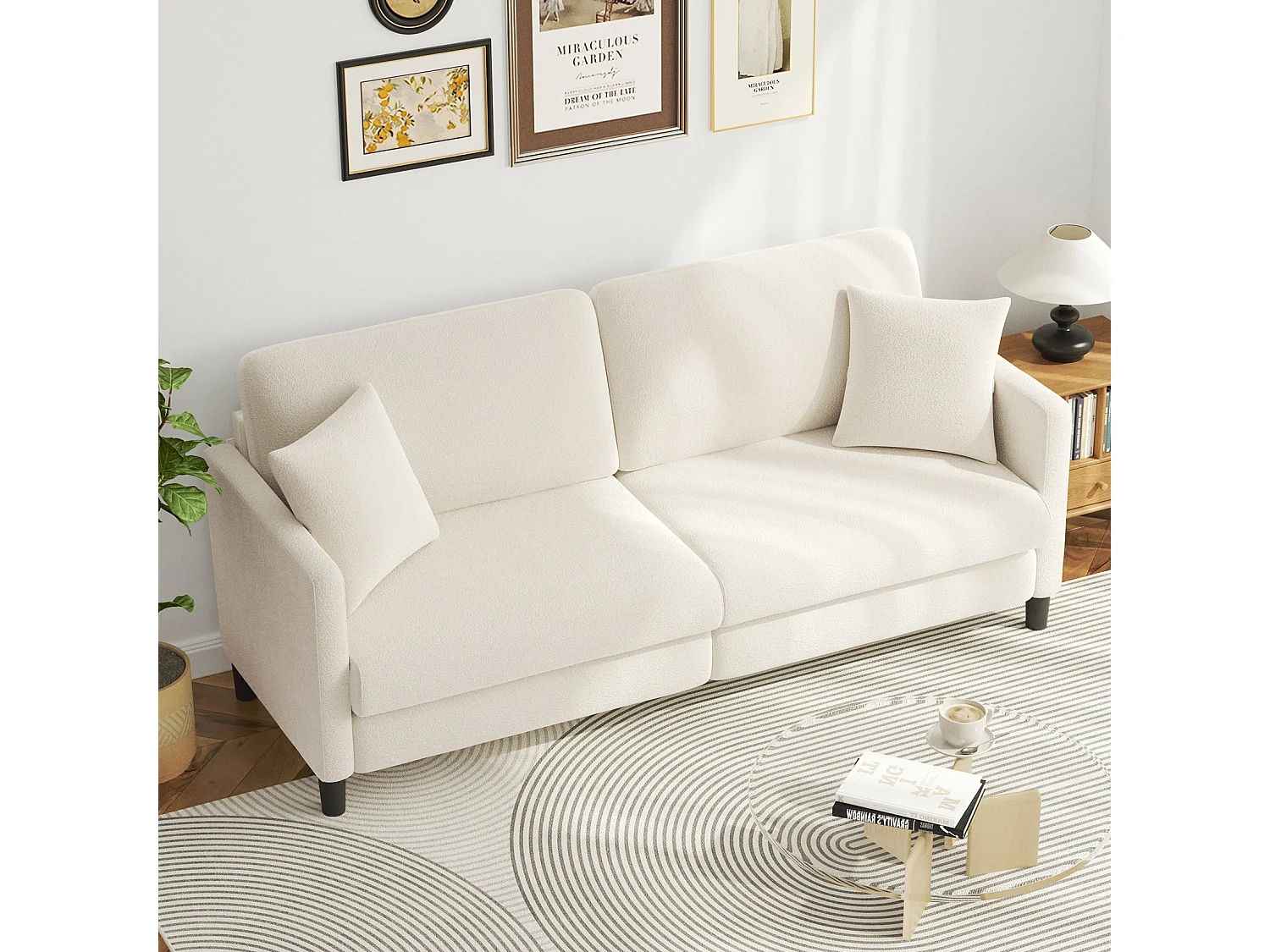 Canapé 3 Places en Velours Teddy,Canapé Droit Confort en Bois Massif,Loveseat avec Accoudoirs,193x79x89cm,Beige