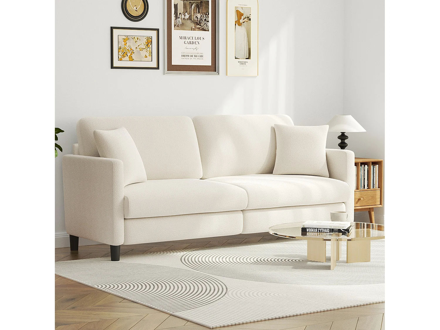 Canapé 3 Places en Velours Teddy,Canapé Droit Confort en Bois Massif,Loveseat avec Accoudoirs,193x79x89cm,Beige